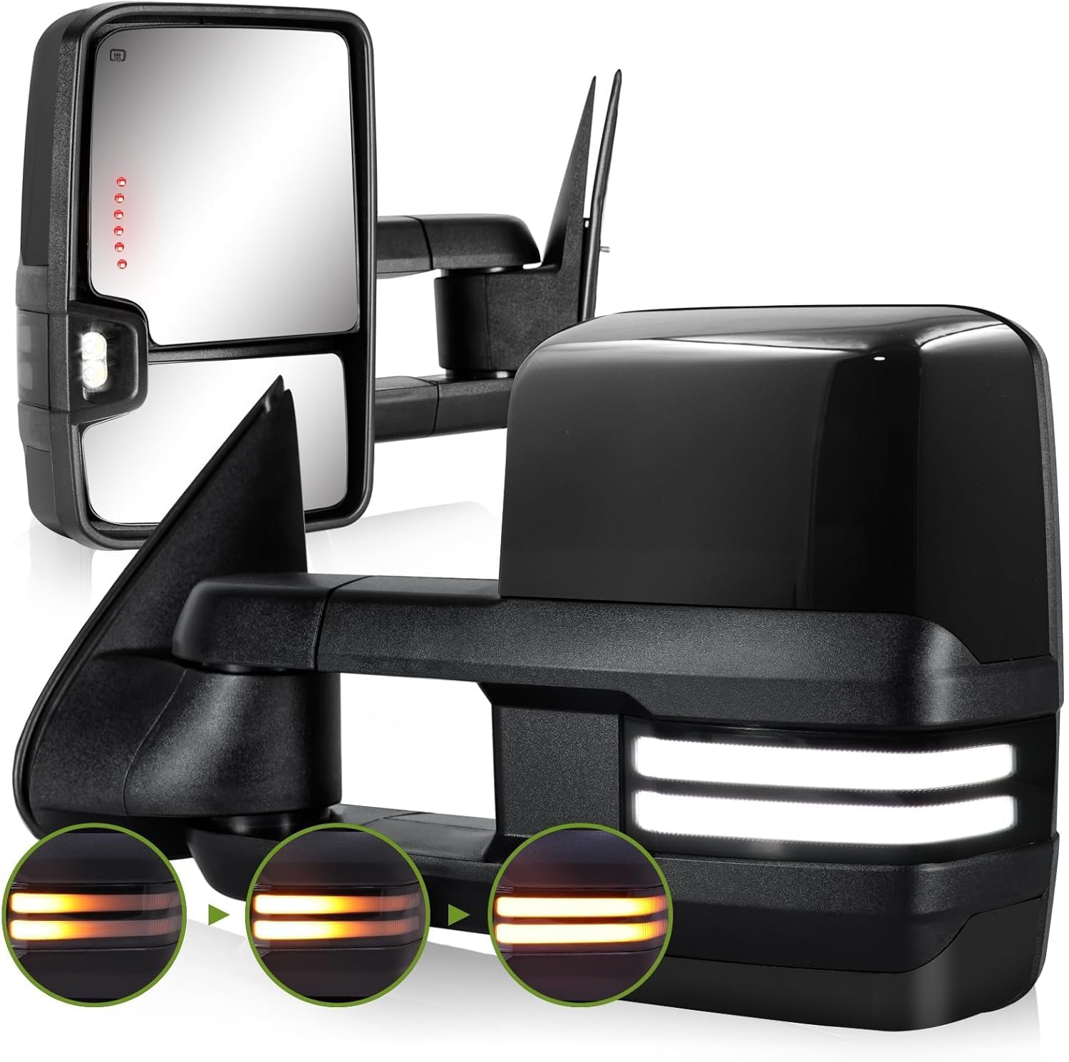 Switchback Towing Mirrors for 2003-2007 Chevy Silverado GMC Sierra Side Mirror with Dynamic Turn Signal Running Light Backup Lamp Power Heated Extendable Pair Set(Paint Black)