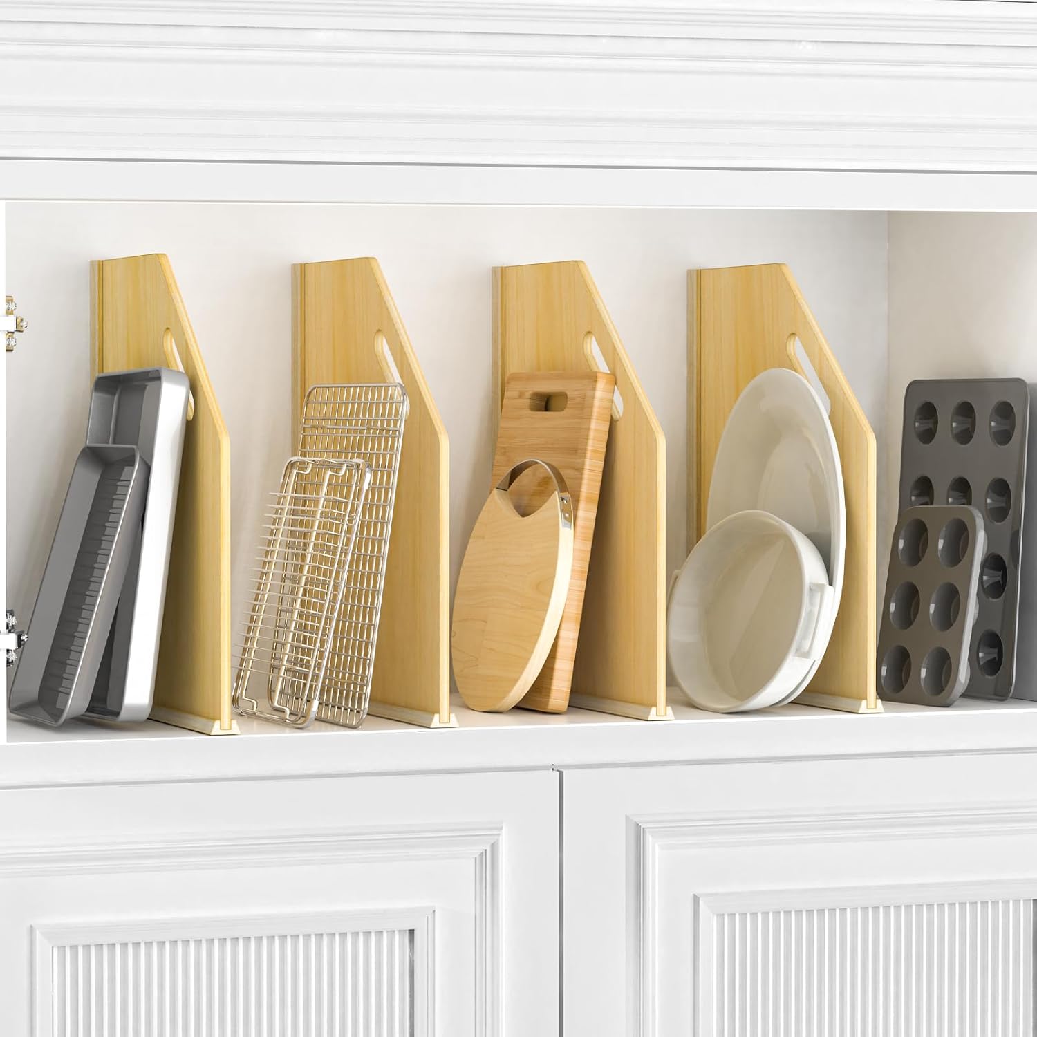 4 Pack Wood Tray Dividers for Cabinet, Cookie Sheet Organizer for Cabinets, No-Cut Kitchen Cabinet Dividers, Cookie Trays for Kitchen, Utility Rooms, Pantry Storage