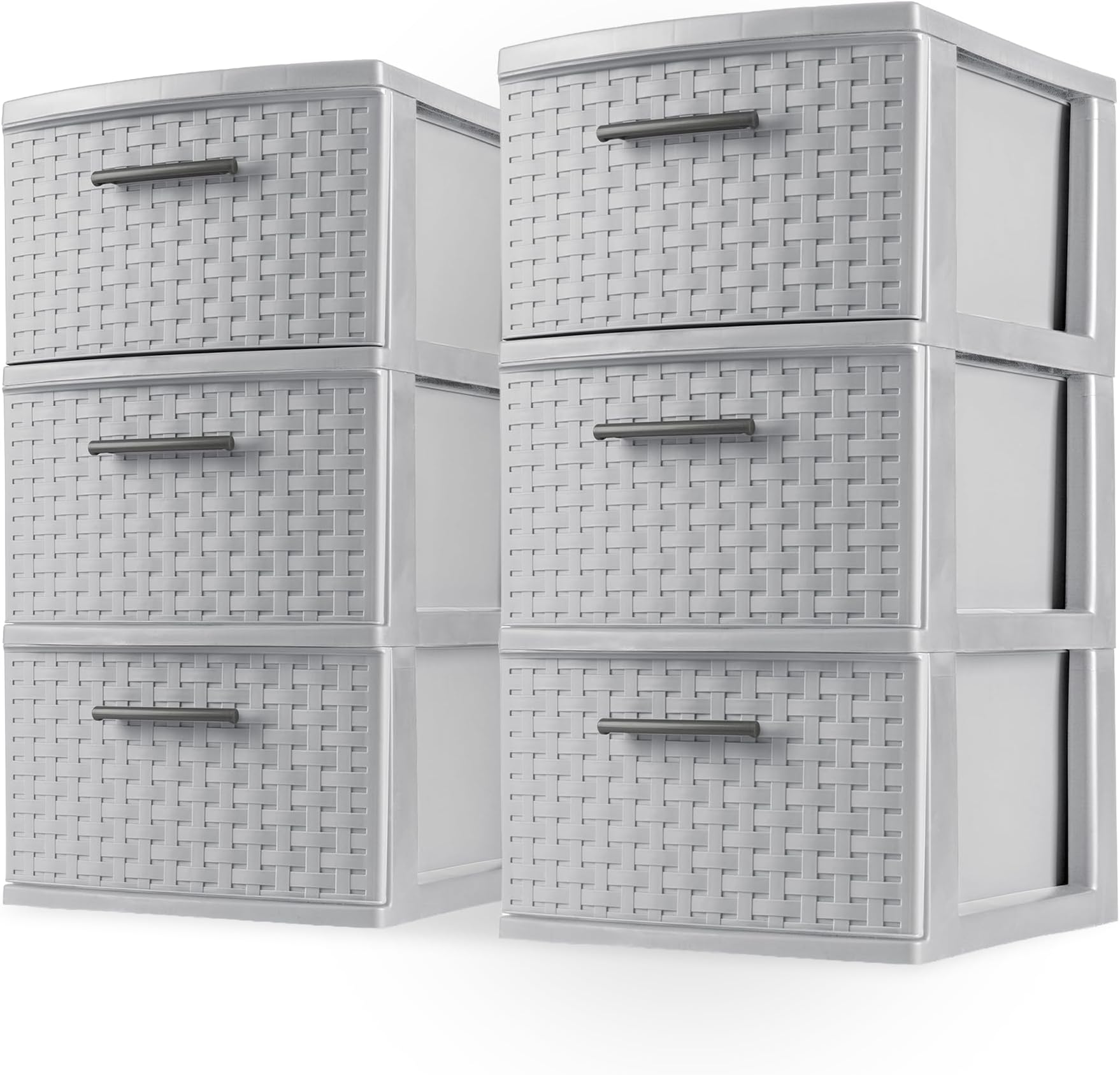 2 Pack 3 Drawer Storage Tower, Plastic Weave Medium Organizer, Cement - Lightweight Opaque Container for Bedrooms, Closets, or Bathrooms