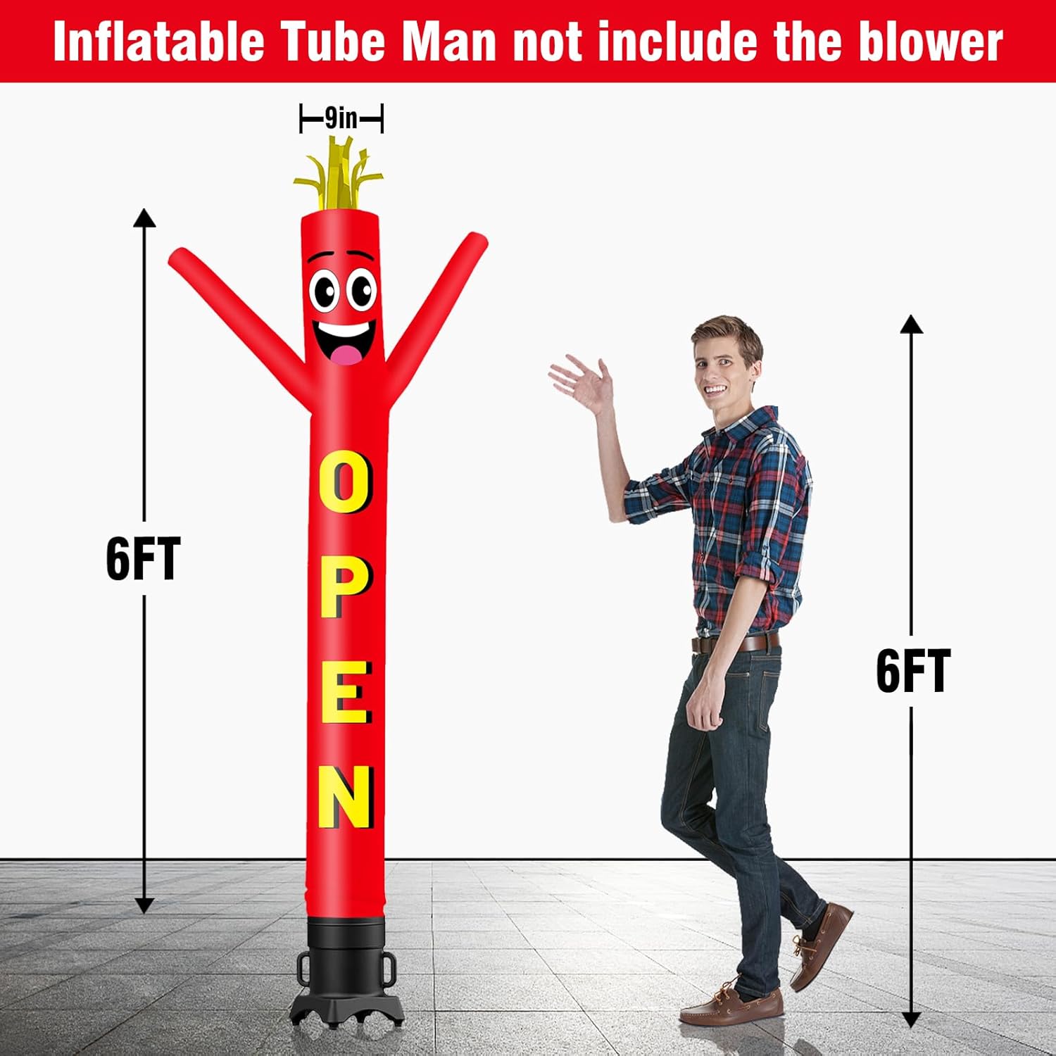6FT Tall Inflatable Tube Man Open Wacky Wavy Dancing Guy (9''Diameter) for Outdoor Decoration Advertising Business Promotion -Red (Blower Not Included)