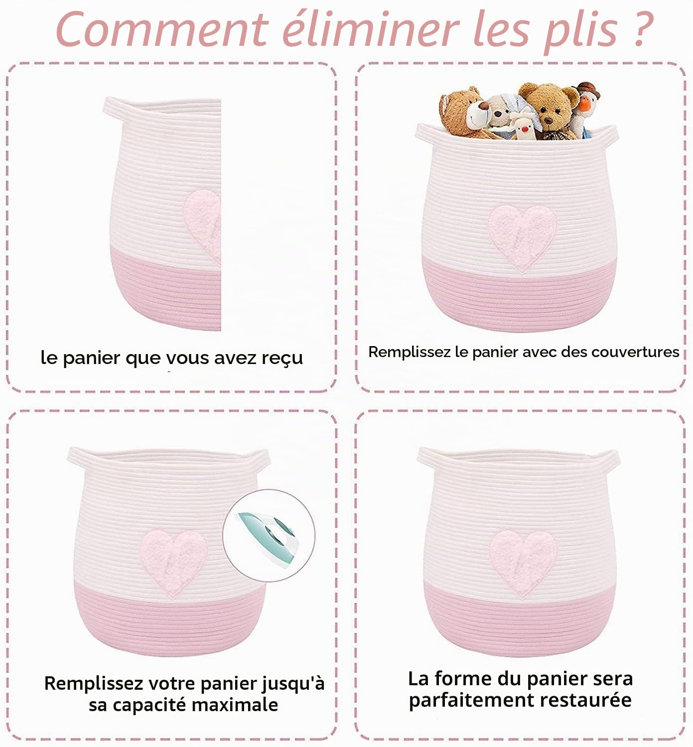 Grand panier en corde de coton, tissé, pour jouets, rangement de linge et de couvertures, rond avec poignées pour chambre d'enfant D45xH43 cm,produit breveté (rose)