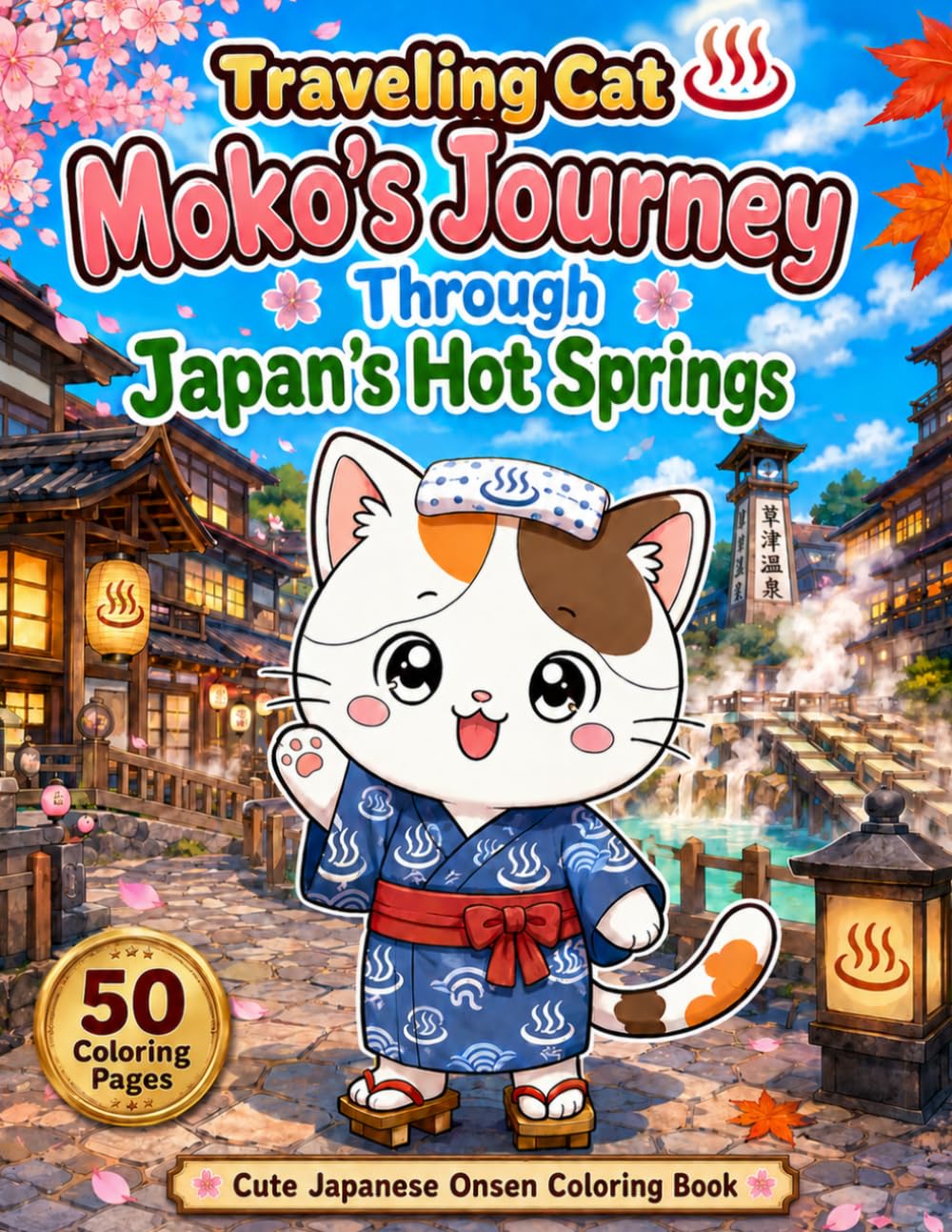 Traveling Cat Moko's Journey Through Japan's Hot Springs: Cute Japanese Onsen Coloring Book