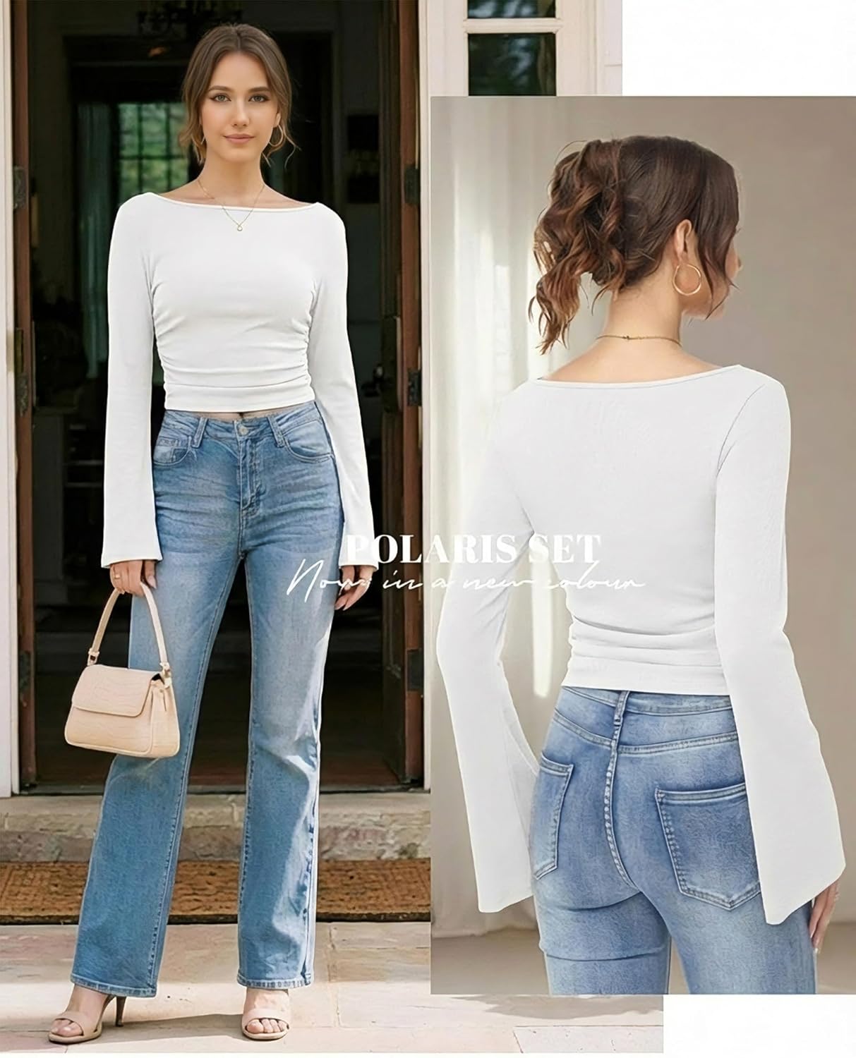 Simlakey Women's Long Bell Sleeve Shirt 2026 Spring Fashion Casual Going Out Top Boat Neck Blouse Slim Fitted Ruched Y2K Top - Image 2