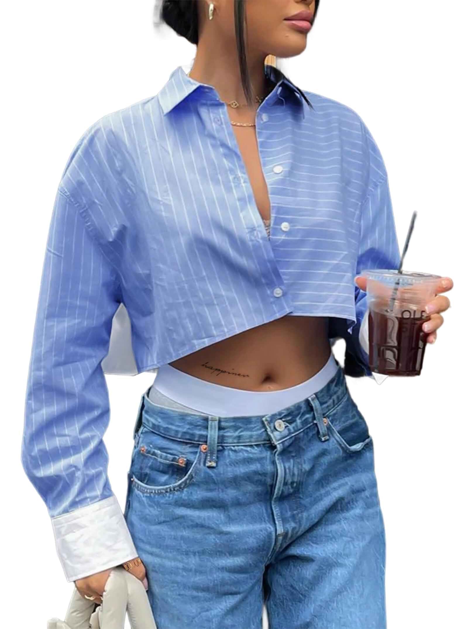 Remidoo Women's Cropped Button Down Shirt Asymmetrical Long Sleeve Top Point Collar, Chest Pocket, Asymmetrical Raw-Edge Hem, Relaxed Fit, Extra-Long Sleeves, Y2K-Inspired Look