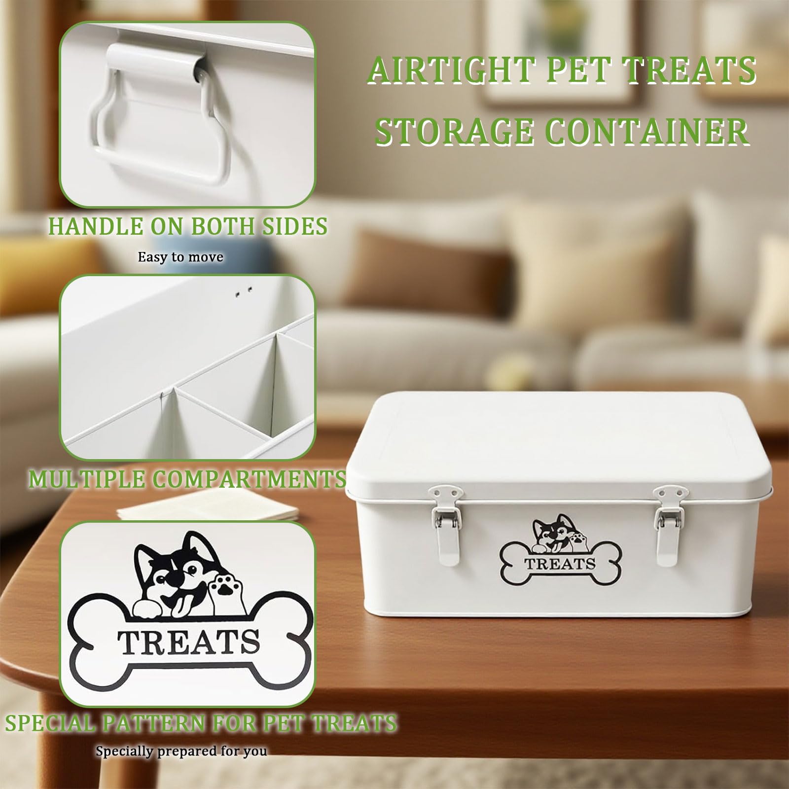 Récipient en métal pour chien - 8,5 l - Hermétique avec couvercles et compartiments de séparation - Blanc - Rangement de friandises avec serrure pour nourriture sèche, boîte à goûter, étagère