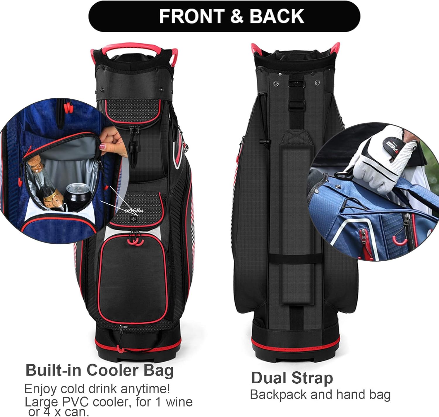 Golf Cart Bag 14 Dividers Top Clubs Organizer Lightweight with Cooler Pouch, Dust Cover and Backpack Strap