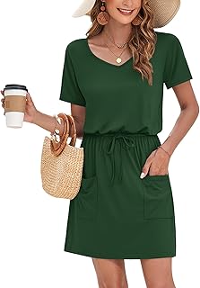 Womens Summer Dresses 2025 Causal Short Sleeve V Neck Tie Front Mini Short Dress with Pockets