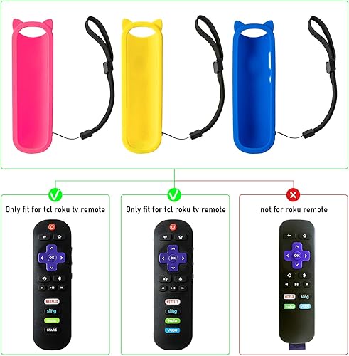 Miniatura 7 de Paquete de 3 fundas protectoras de silicona suave azul + rosa + amarillo para control remoto RC280 TCL ROKU TV con correas ajustables, bonita funda
