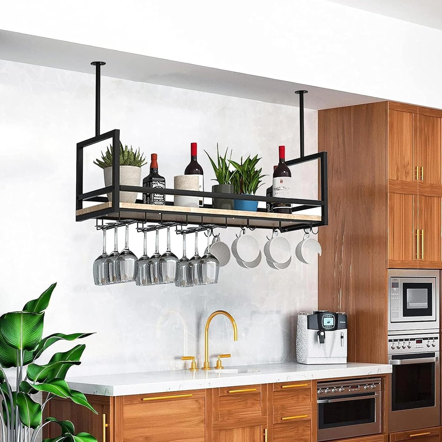 Wall Mounted Floating Shelves - Ceiling Storage Rack for Kitchen & Bar with Wine Glass Holder, Hanging Shelving for Cafe, Plant/Flower Pot Display Stand (80x30x60cm)