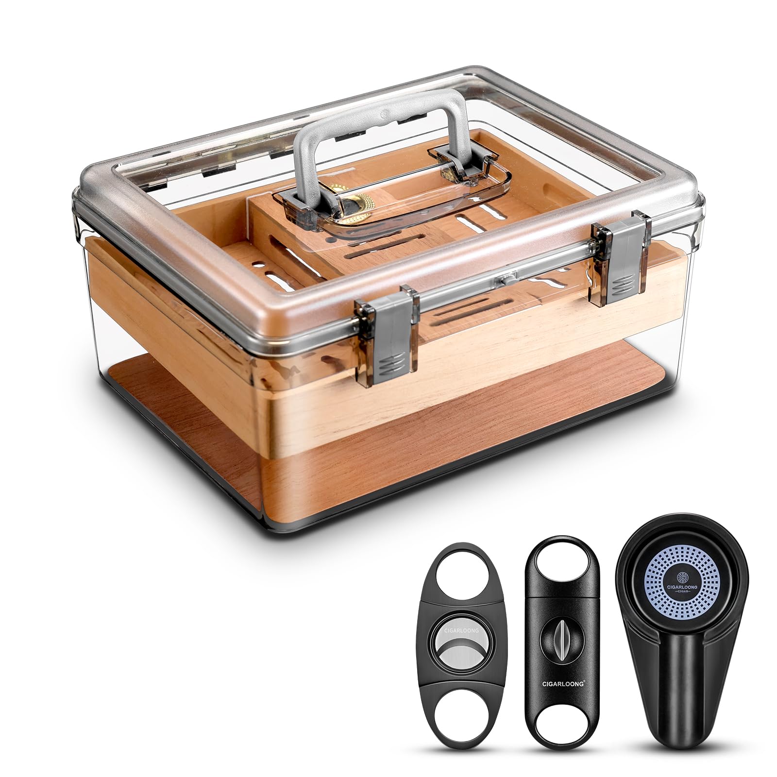 Acryl Zigarren Humidor Set mit Luftbefeuchter und Hygrometer, transparenter Humidor Fall Eingebautes Zedernregal, tragbarer Desktop Humidor Box Lagerung für etwa 80 Zigarren (Medium)