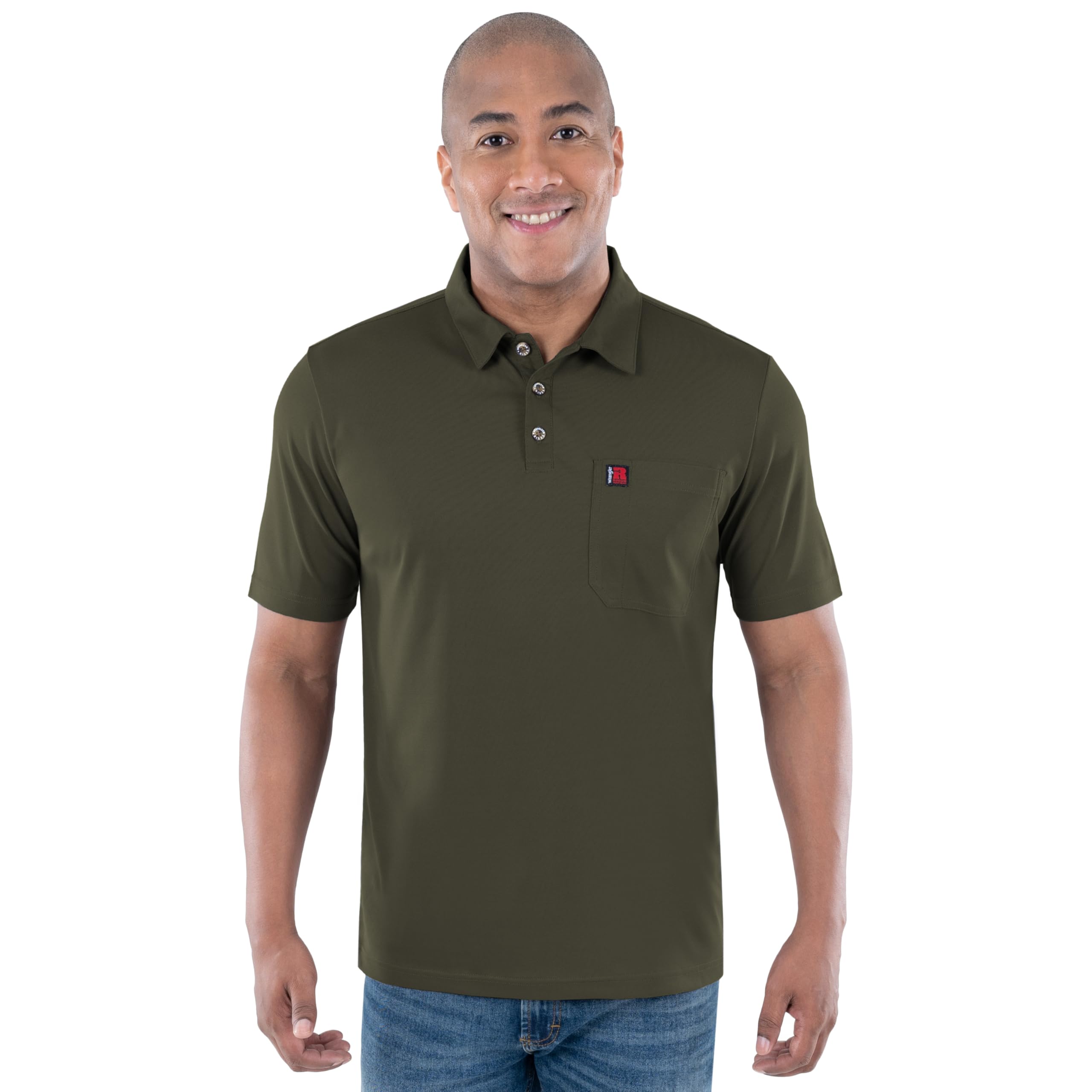 Wrangler Men's Short Sleeve Performance Pocket Polo, Olive, XXL