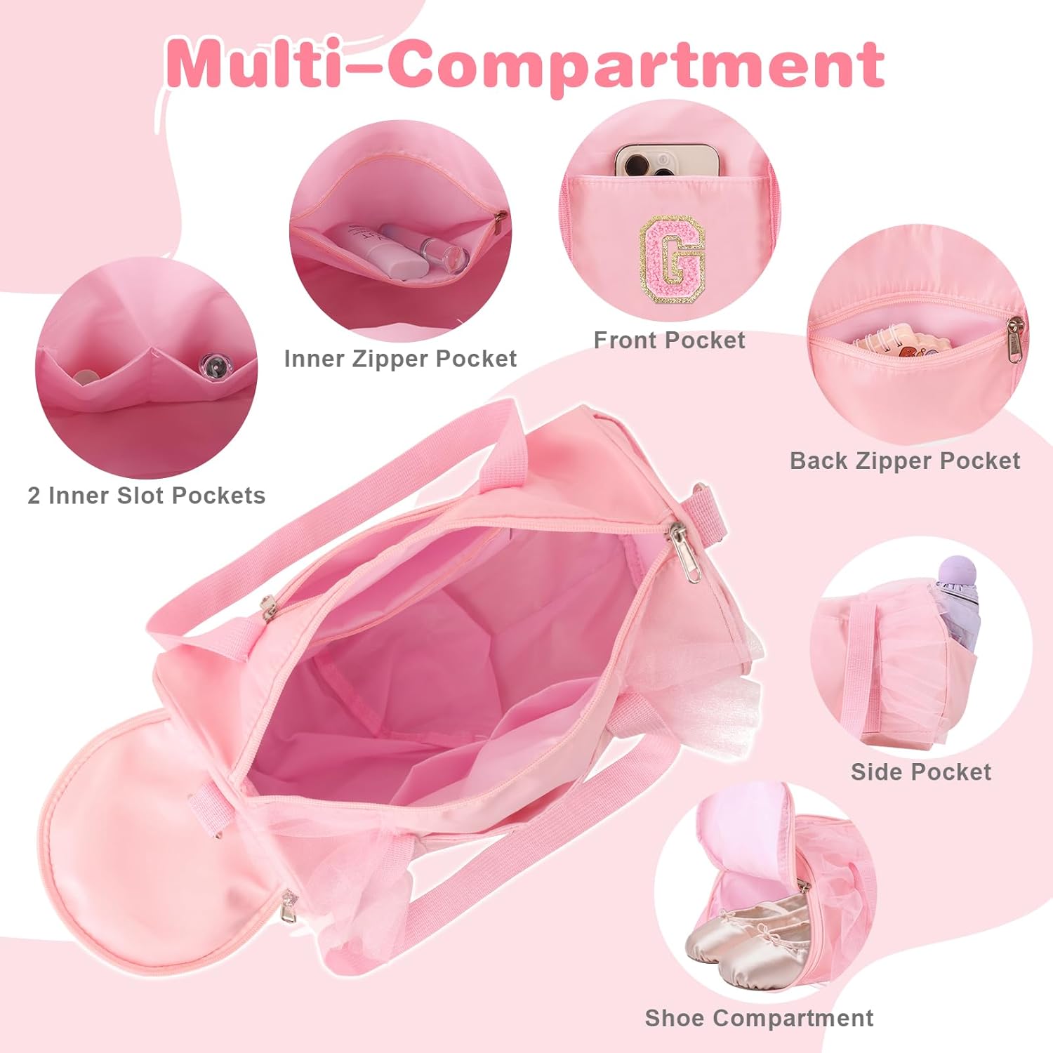 Personalized Initial Dance Bag for Girls 4-6, Small Lace Gym Sport Yoga Cheer Dance Bags Gift for Teen Girls, Cute Letter Kids Ballet Bag Toddler Travel Duffel Tote with Adjustable Straps(Pink-G)