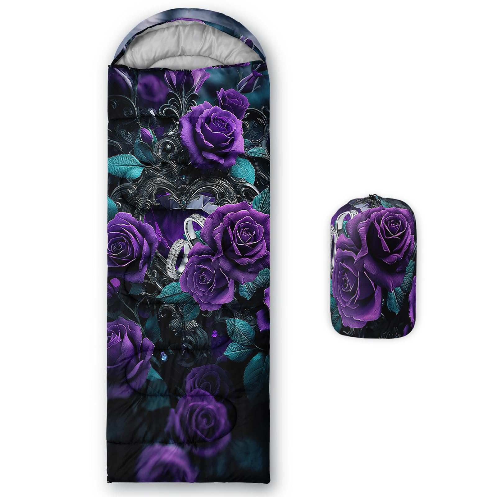 QOOMO Purple Rose Waterproof Sleeping Bags for Adults & Kids,Printed Camping Sleeping Bags, 3 Season Warm & Cool Weather,Lightweight,Traveling,and Outdoors,Camping Gear Equipment,31x90inch