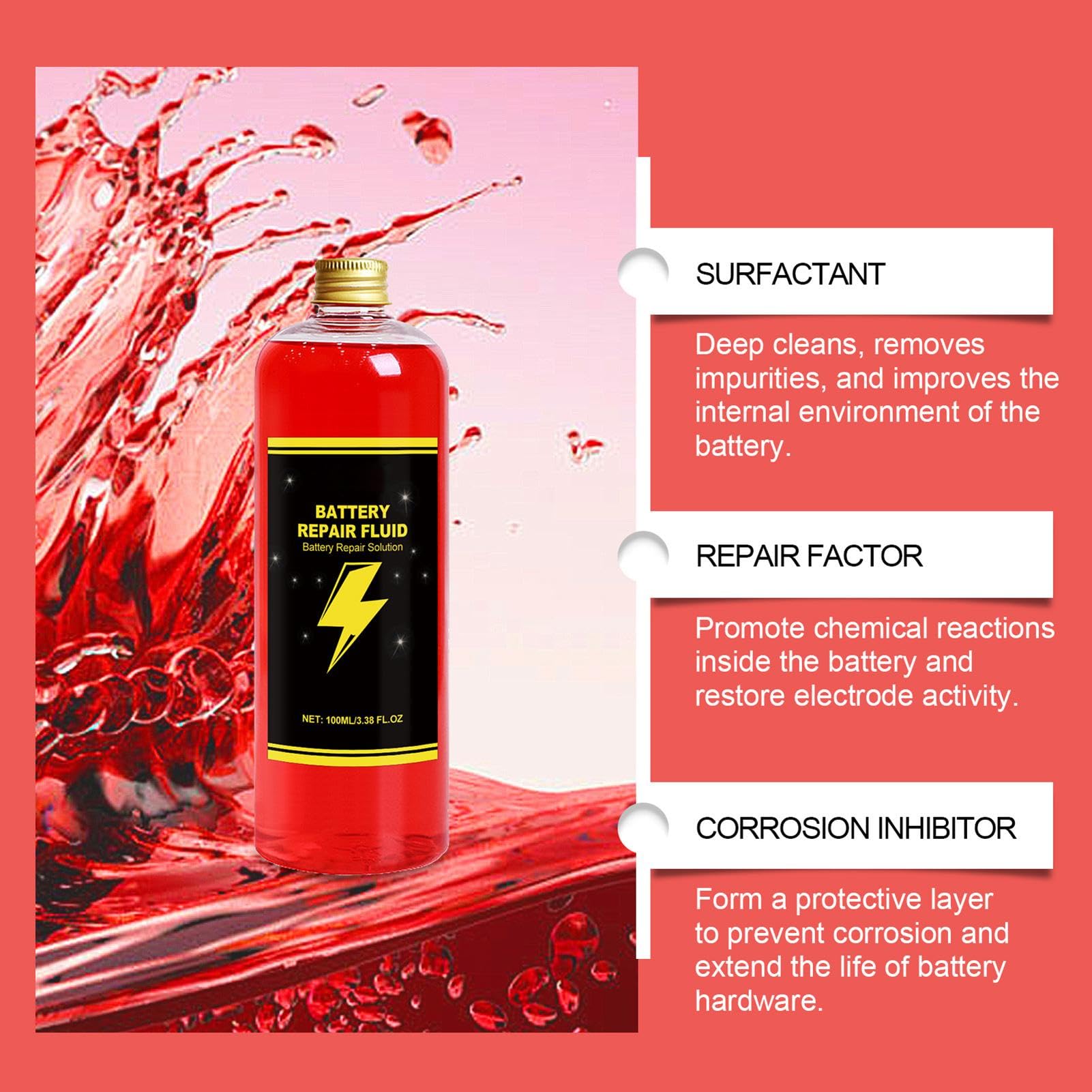 Liquido di riparazione della batteria da 100 ml | Efficace additivo elettrolitico per batterie al piombo acido, prolunga la durata e fornisce prestazioni sulle moto