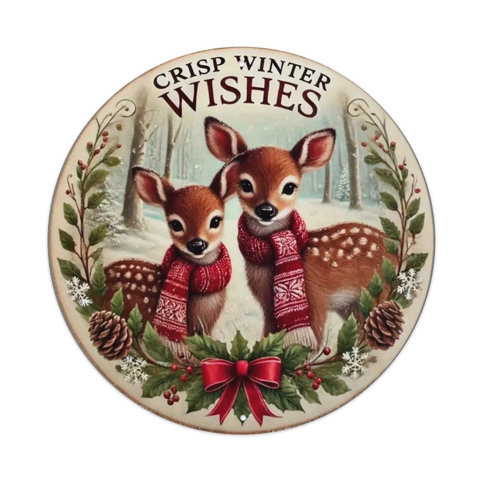 Crisp Winter Wishes Deer Scarf Retro Metal Sign Round Tin Sign, Vintage Decor Art Poster for Bar, Home, Man Cave, Kitchen, Laundry Room Gift 8x8Inch