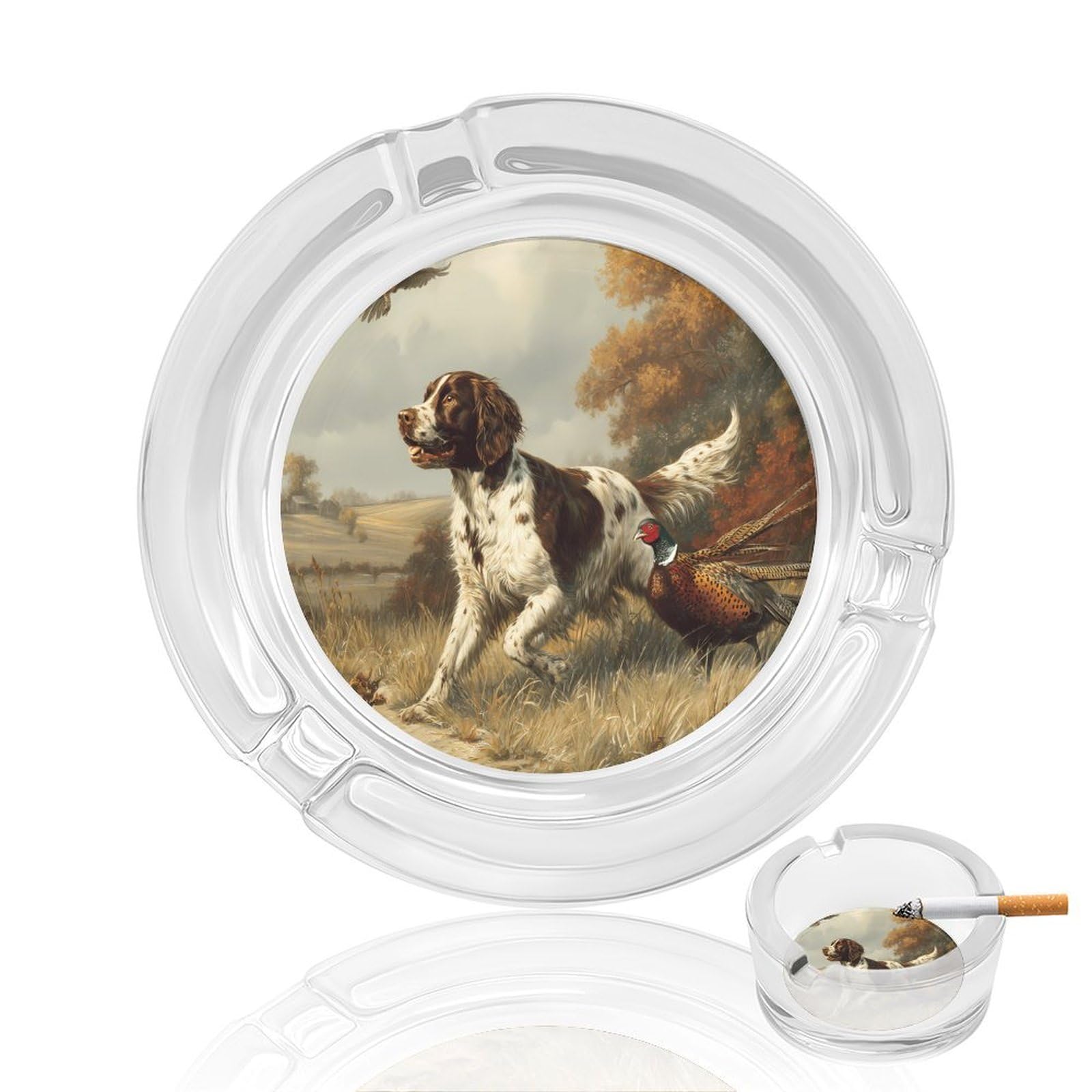 Springer Spaniel Dog Pheasant Hunting Ashtray Portable Round Glass Outdoor Ash Tray for Home Office Garden Pub