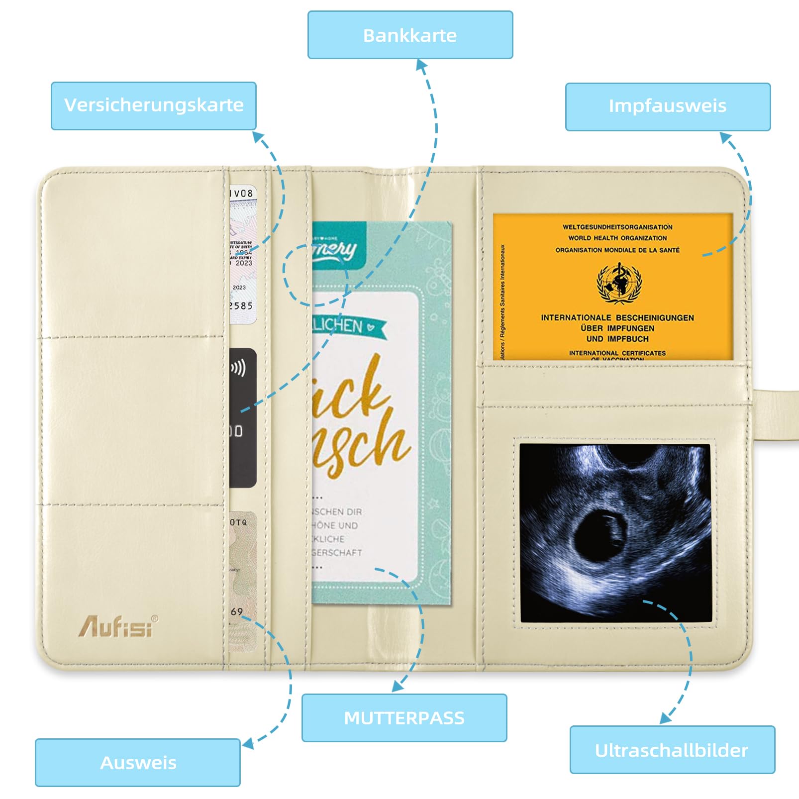 Aufisi Mutterpass Schutzhülle, Schwangerschaft Verkünden mit F?löchern zur Aufbewahrung von Versicherungskarten, Ultraschallbilder Aufbewahren Impfpass, Schwangerschaft Geschenk, Beige Baby
