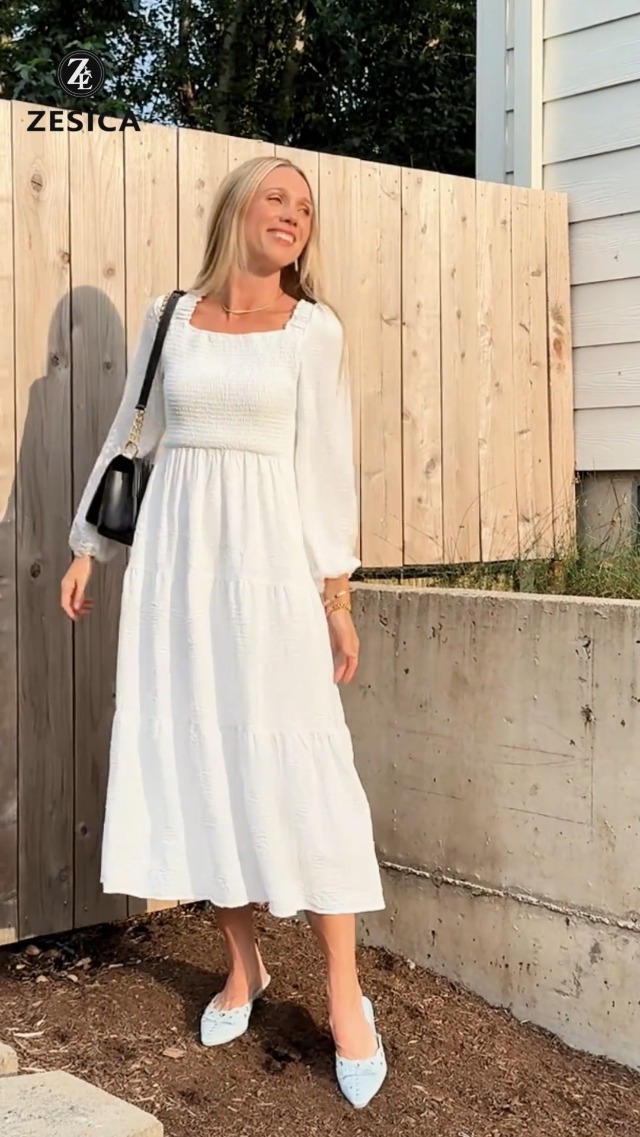 ZESICA Women's 2026 Spring Floral Midi Dress Long Sleeve Smocked