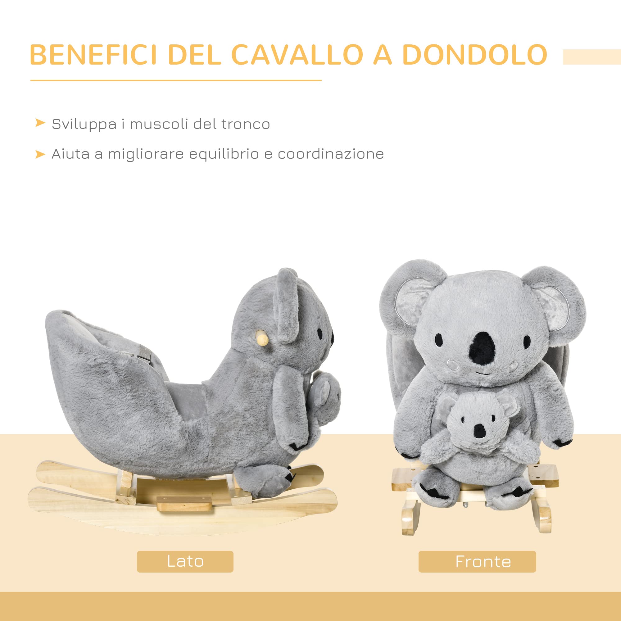 HOMCOM Cavallo a Dondolo Koala in Peluche Imbottita con Suoni, Cintura di sicurezza e Base in Legno, 60x33x50cm, Grigio