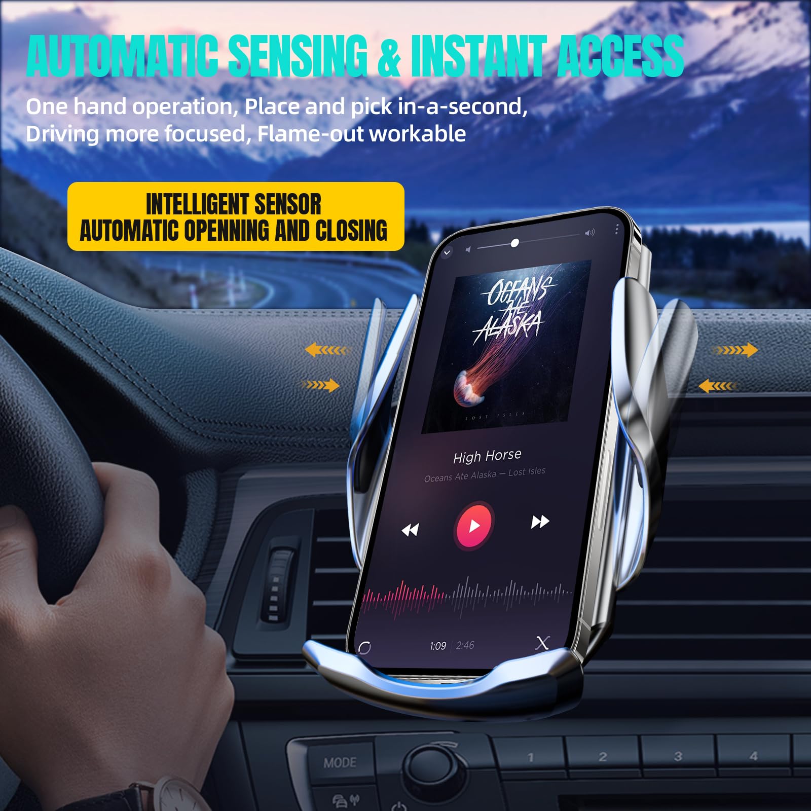 Chargeur de voiture sans fil, max 15 W, charge rapide, pince automatique, support de téléphone de détection, compatible avec iPhone 16, 15, 14, 13, 12 Pro Max, Xs X, Samsung Galaxy S24