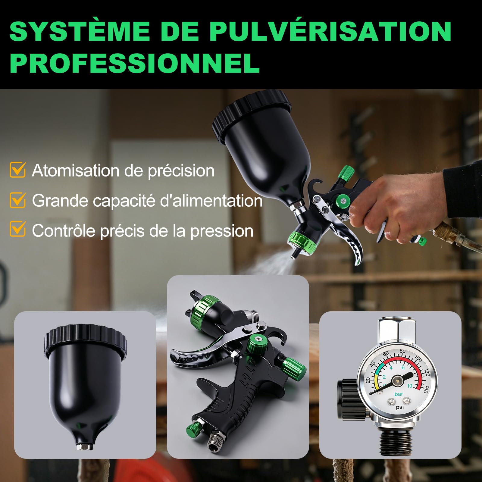 LVLP Pistolet à Peinture Kit, éQuipé de Buses de 1,3/1,7/2,0 mm Et d'un ManomèTre, Kit de Pistolet à Peinture à Alimentation par Gravité, Adapté à La Peinture Automobile