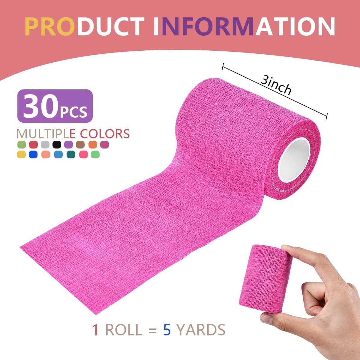 KISEER 30 Pack 3 Inch x 5 Yards Colorful Self Adhesive Bandage Breathable Cohesive Bandage Wrap Rolls Elastic Self-Adherent Tape for Stretch Athletic, Sports, Wrist, Ankle