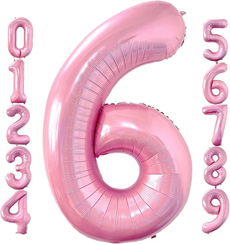 Globos de 40 pulgadas color rosa bebé número 6 de gran tamaño Jumbo dígitos de aluminio Mylar globos de helio rosa claro para niñas 6 tema rosa,