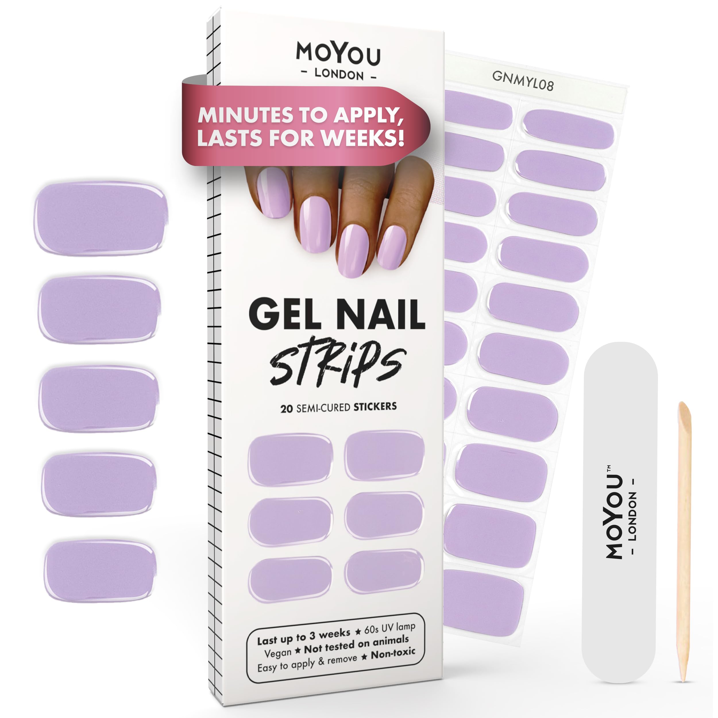 Semi Cured Gel Nail Strips - 20 Pcs. Waterproof Gel Nail Wraps, Cures in Sunlight or UV/LED Lamp, Lasts Up to 2+ Weeks, Stretchable, Easy to Apply & Remove, Vegan & Cruelty-Free