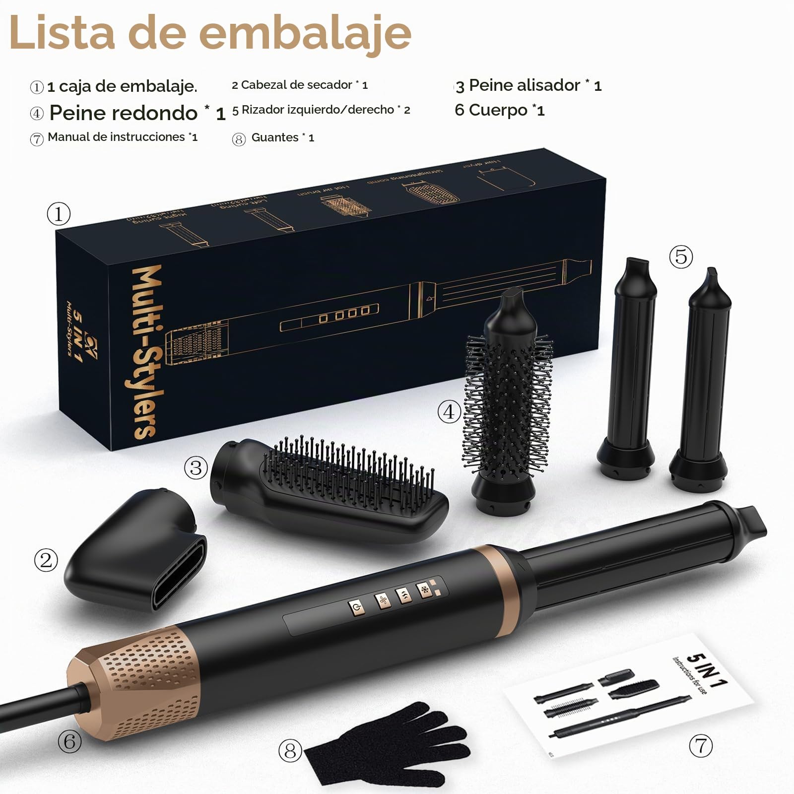 Journeyside Cepillo Secador de Pelo 5 en 1, Air Styler 1400W Cepillo de Aire Caliente Multifunción, Secador de Pelo Alta Velocidad Hairstyler 3 Temperatura&3 Velocidade para Volumen, Alisa, Seco