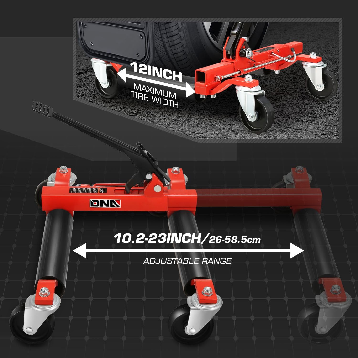 DNA MOTORING 2-teiliges Wagenheber-Set, mechanisch, 567 kg, 30,5 cm Rad, Fahrzeug-Positionierungswagenheber, robuste Rollen mit Ratschen-Fußpedal für Reifenreparatur, Umzug, TOOLS-00756