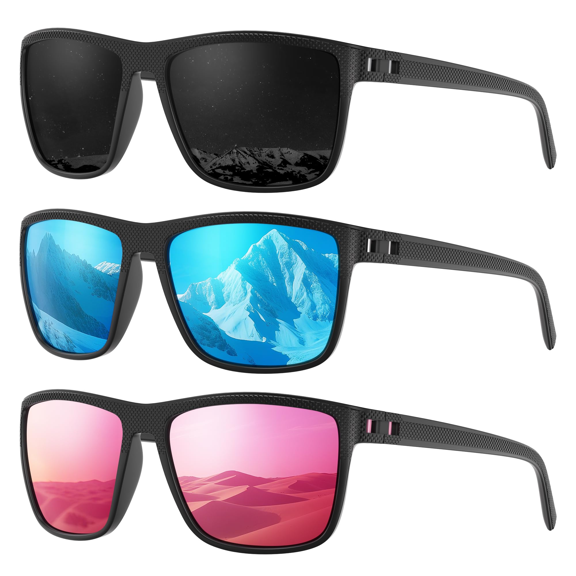 Fanshen Square Polarized Sunglasses for Men, 3 Pack Lightweight UV Protection Sun Glasses for Driving Fishing Golf