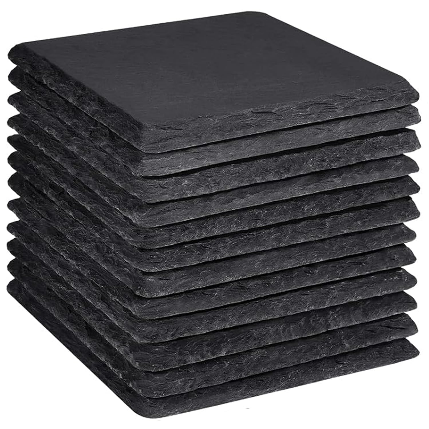 12PCS Slate Drink Coasters, 10 cm / 4 Inch Black Square Stone Coasters Bulk Cup Coaster Set with Anti-Scratch Bottom for Bar Kitchen Home Apartment