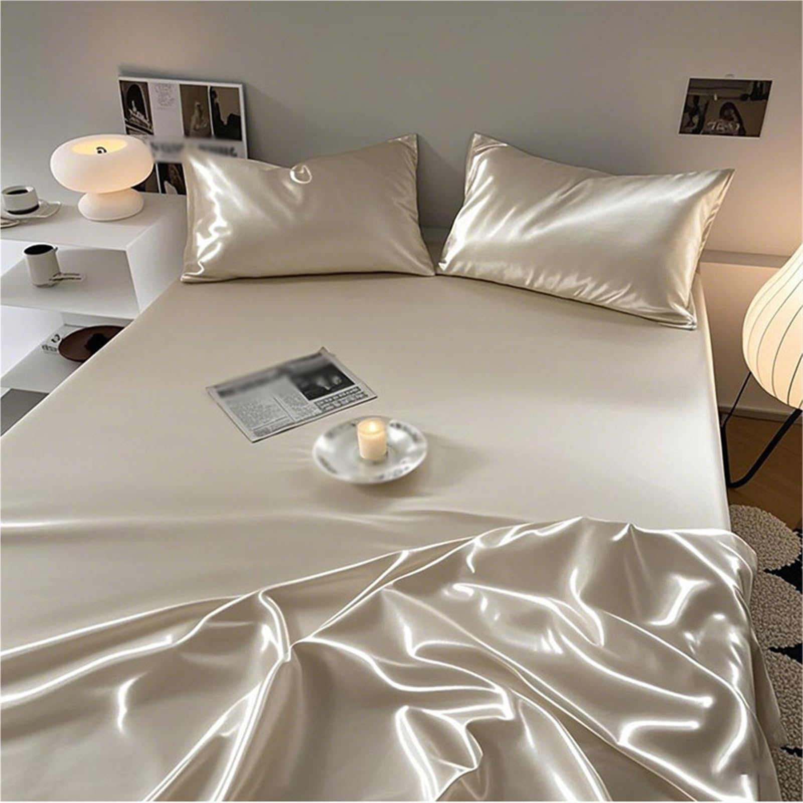 Sabanas encimeras de satén 170x230cm 230x250cm 250x250cm Ropa de Cama Suave y de Lujo sábana Plana Sedosa refrescante for el Cabello y la Piel(Yellow,250x250cm+48x74cm x2)