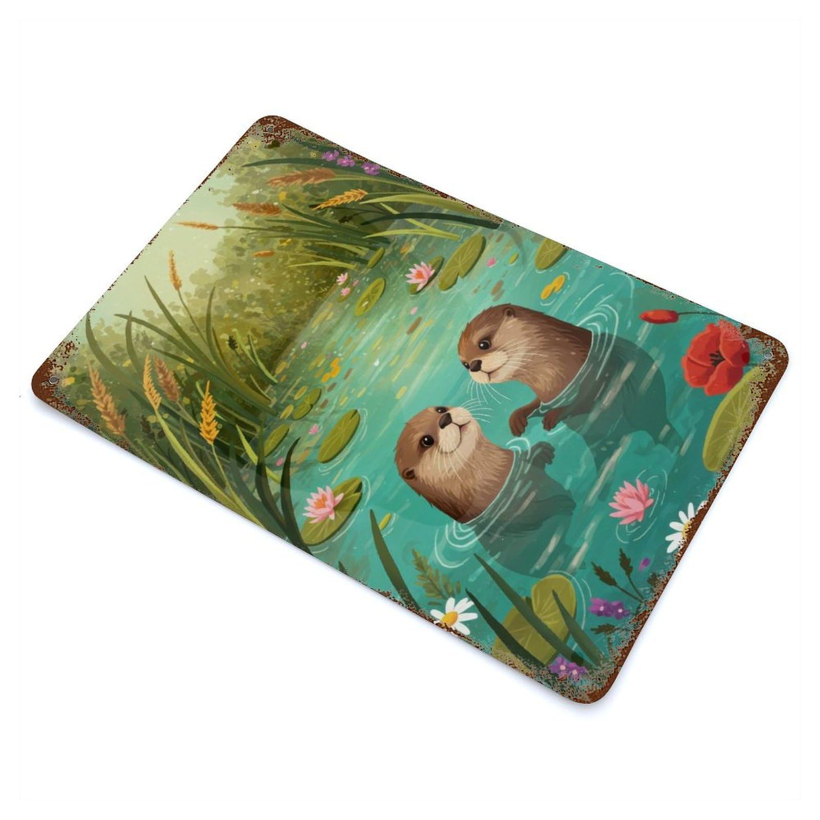 Two Otters in A Pond Rustic Tin Plaque 11.8"x7.9", Novelty Wall Decor for Garage, Pub Or Kitchen