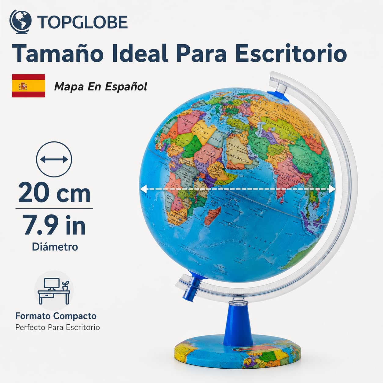 Mappamondo illuminato 20 cm mappa spagnola USB con pin