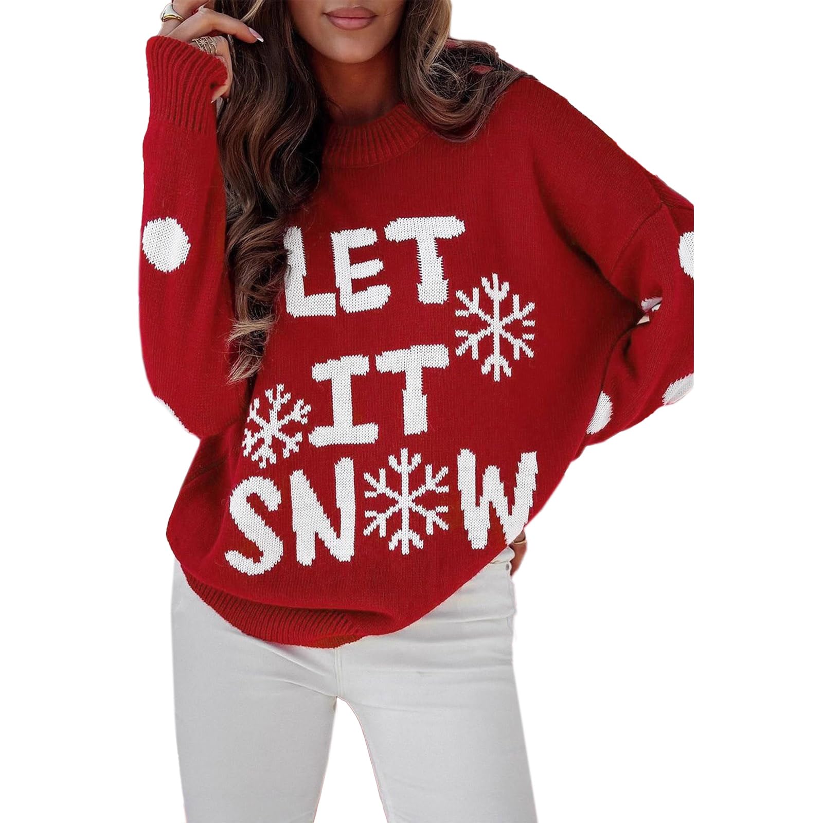 CHICWISH Women Christmas Snow Pattern Knit Sweater Long Sleeve Round Neck Soft Chunky Holiday Party Loose Pullover Tops