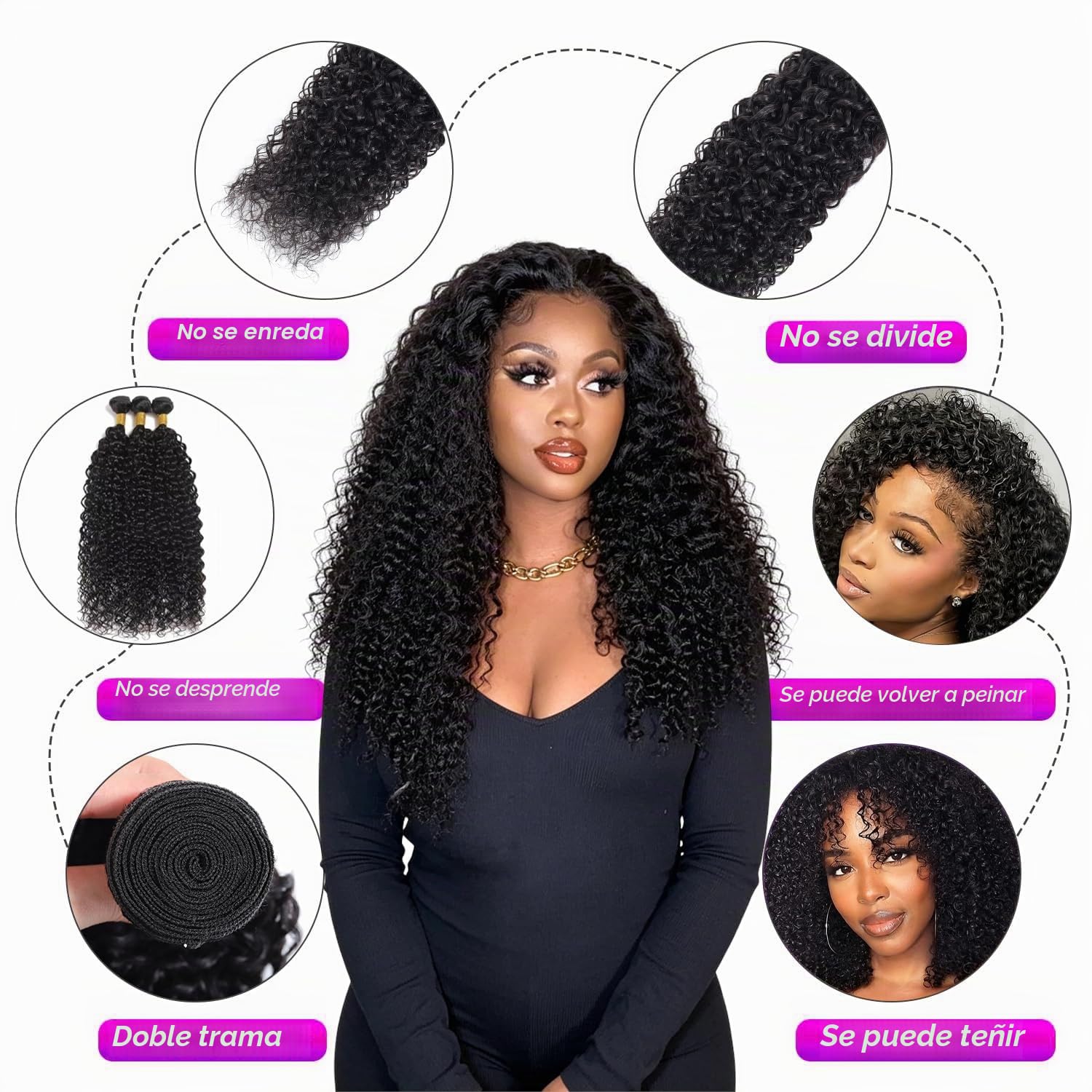 Kinky Curly Bundles Human Hair Pelo Rizado Para Extensiones Mechones Trenzas Natural Cabello Humano Extensión de Cabello Humano Negro Natural 141618 Pulgadas 3 Bundles 210g