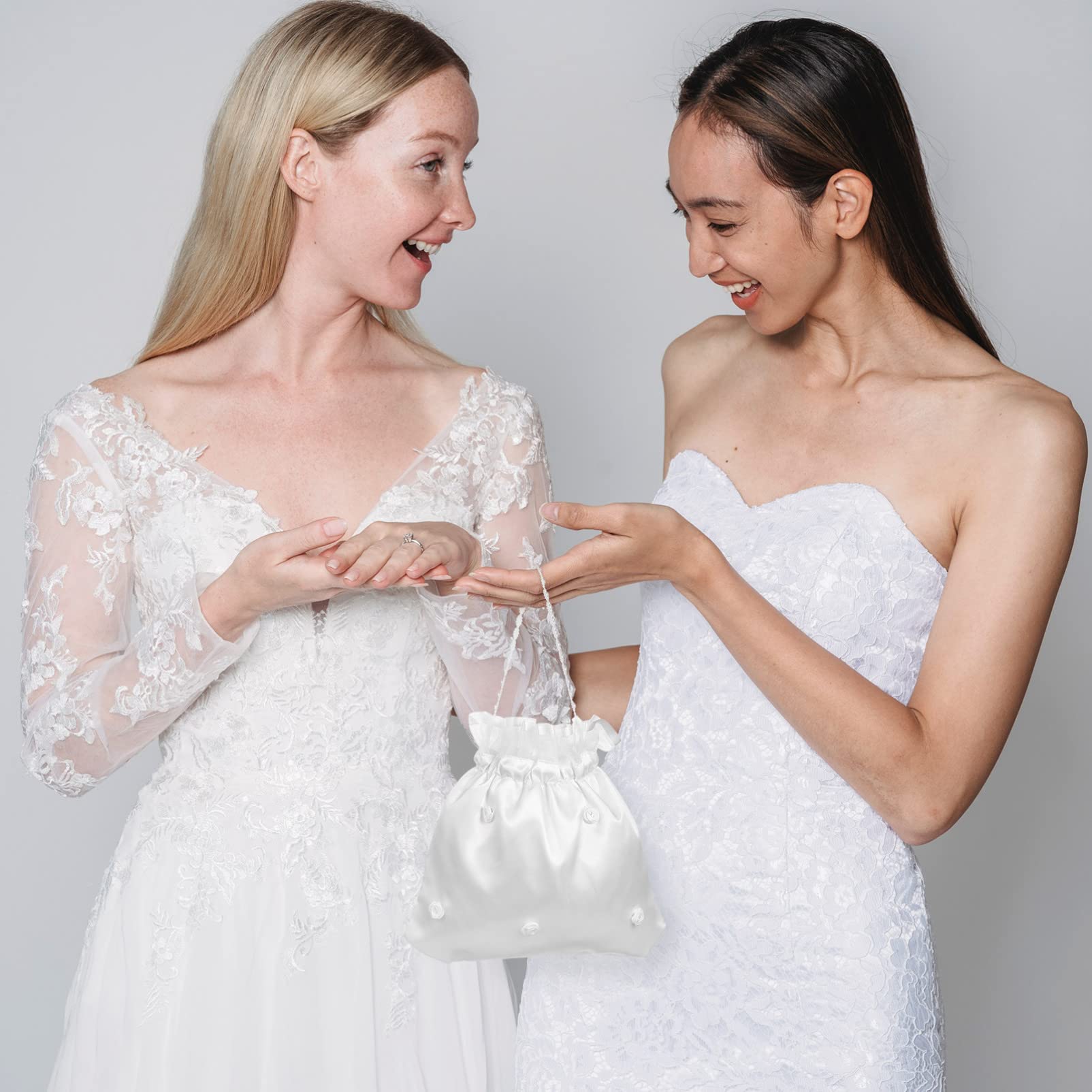 Alipis Bridal Dolly Bag White Satin Flower Decorated Handbag Bridesmaid Purse for Wedding Day Essentials 8.66X8.27X0.20In - Image 3