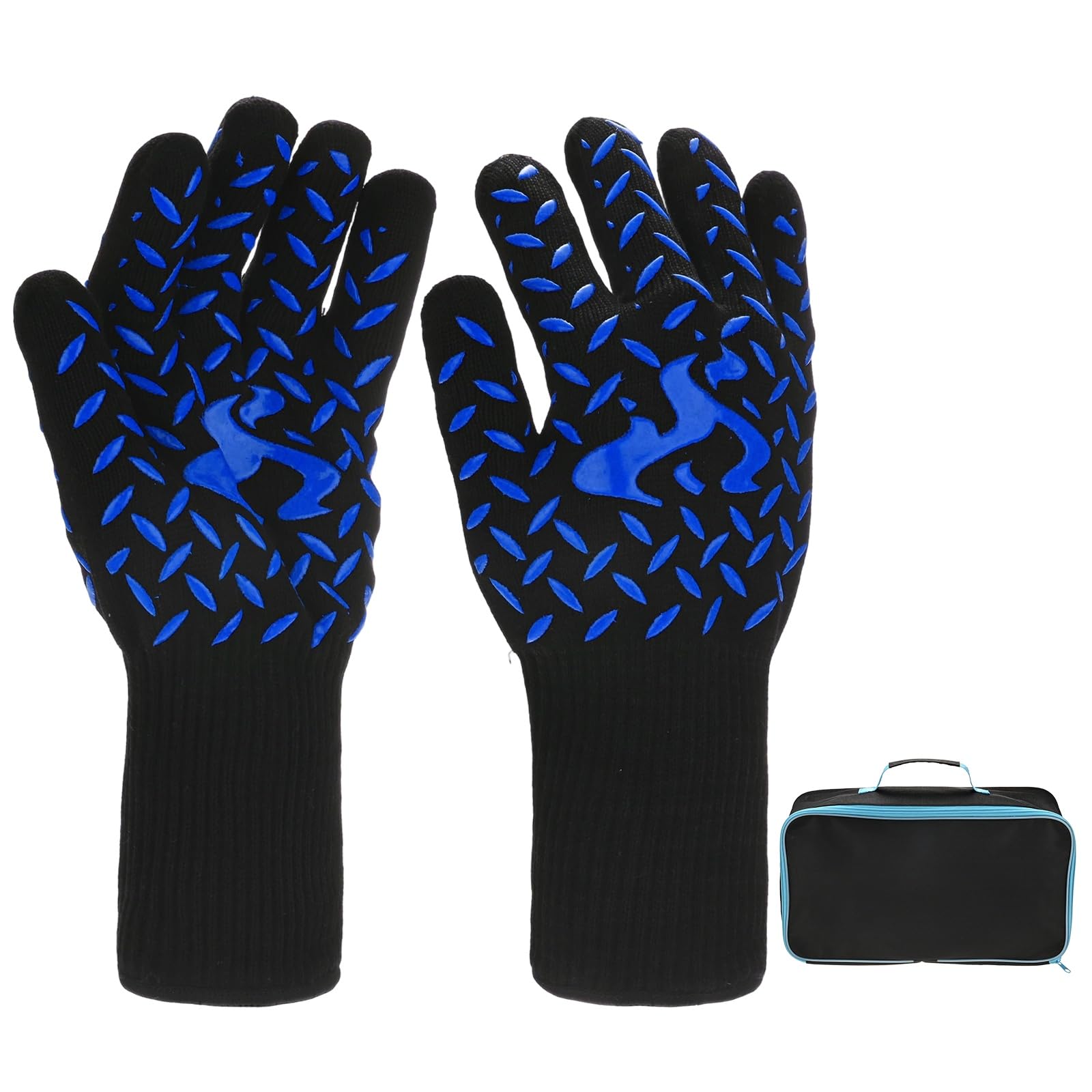 M METERXITY 1 par de guantes para barbacoa, resistentes al calor, antideslizantes, resistentes al calor, para parrilla, hornear, cocinar, con bolsa de almacenamiento [llama, azul]