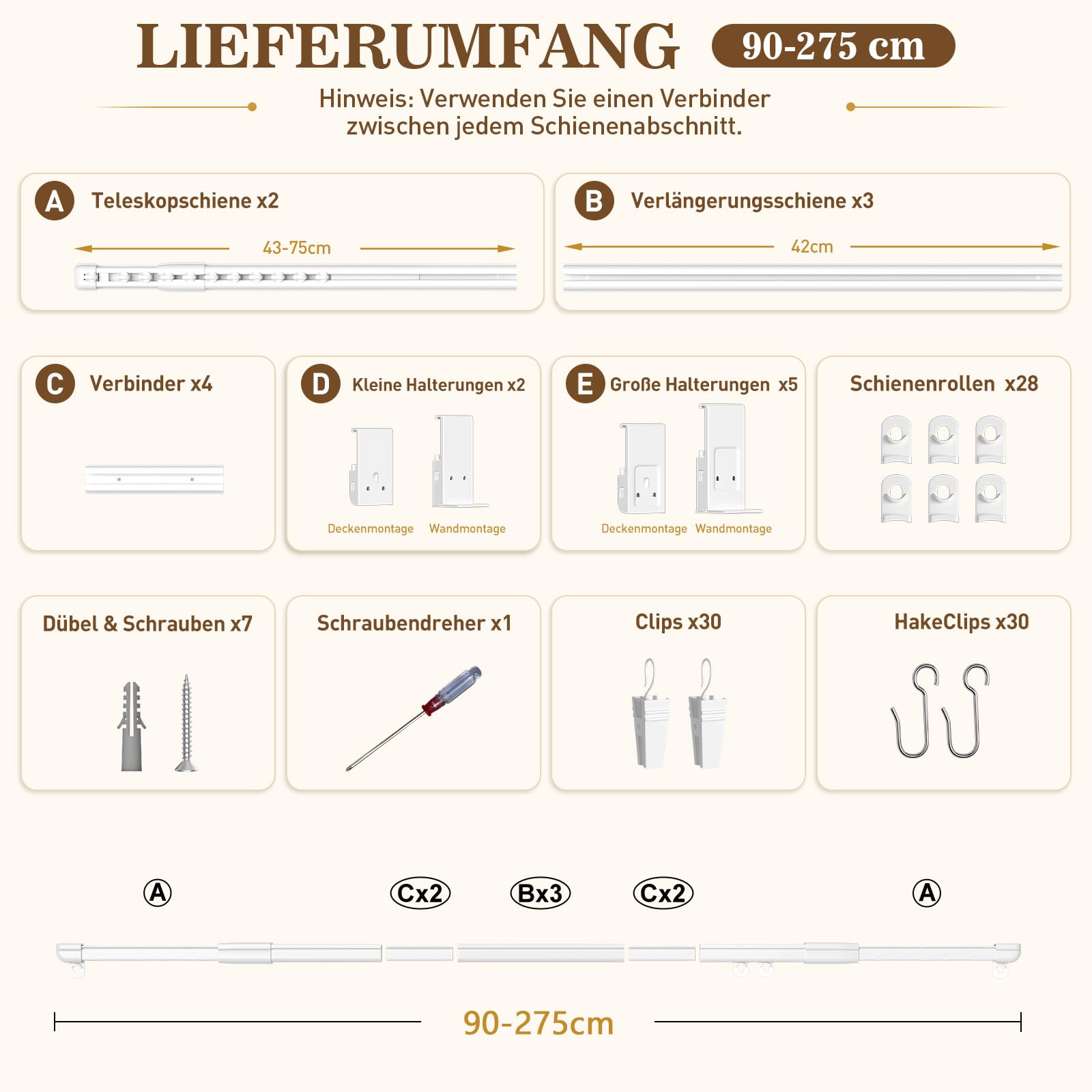 Gardinenschiene 1-läufig aus Aluminium, Teleskop 90‑275 cm Vorhangschiene weiß, Wand‑ und Deckenmontage, kein Sägen, für Wohnzimmer, Schlafzimmer, Balkon