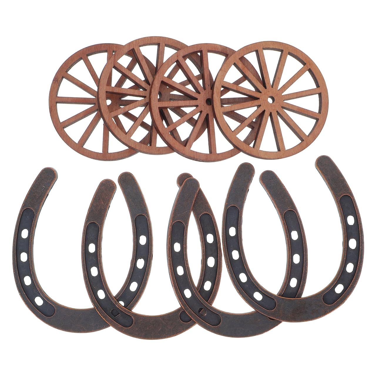 JUMPLAWN 8pcs Mini Lucky Horseshoe and Wagon Wheel Set, Plastic Micro Landscape Decor with Rustic Brown Finish, for Western Theme Party Decoration and Miniature Garden Table Centerpieces