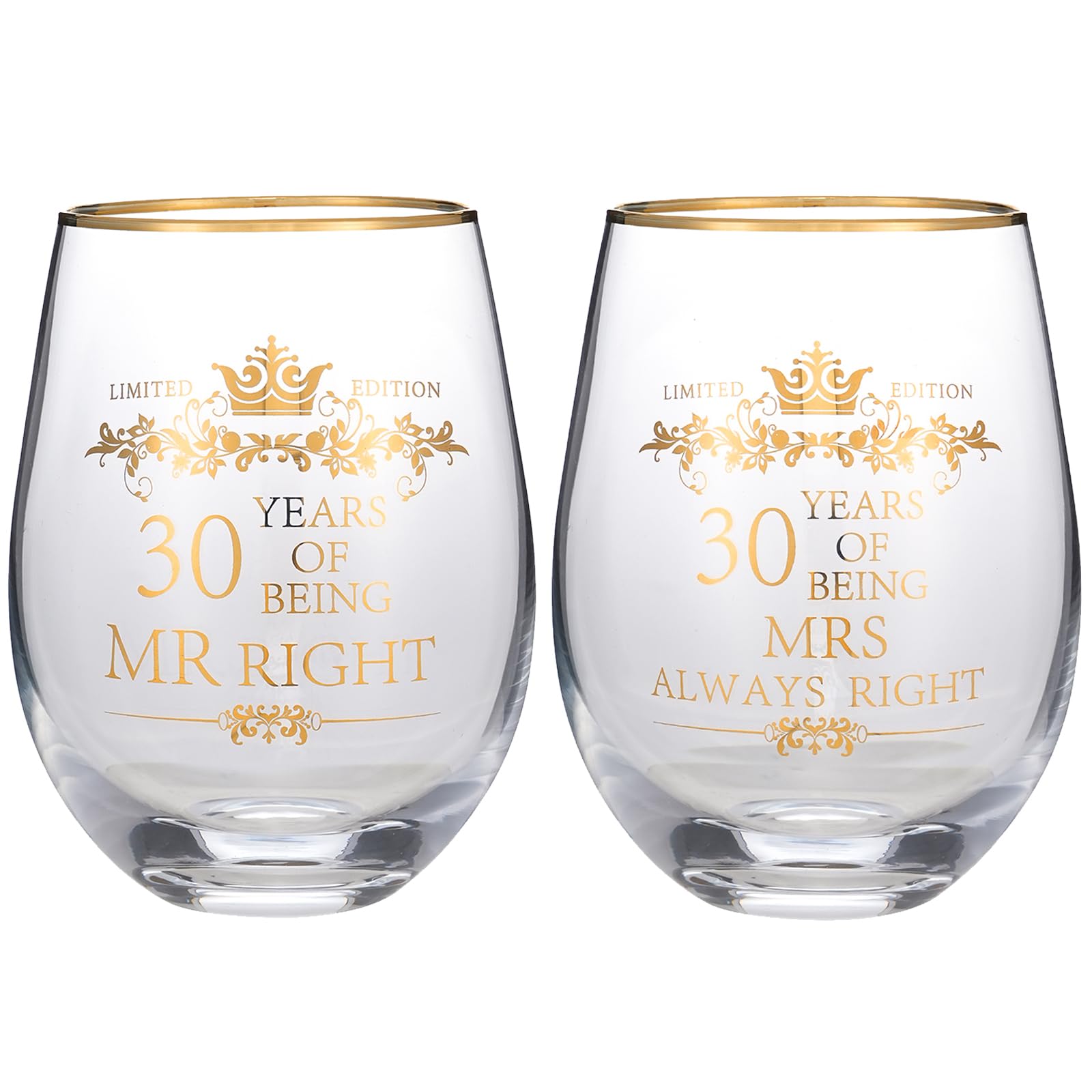 COFOZA Set of 2 30th Wedding Anniversary 15 Ounces Wine Glasses Tumblers Mr Right Mrs Always Right 30 Years Anniversary Cups Present for Couples Parents Gifts