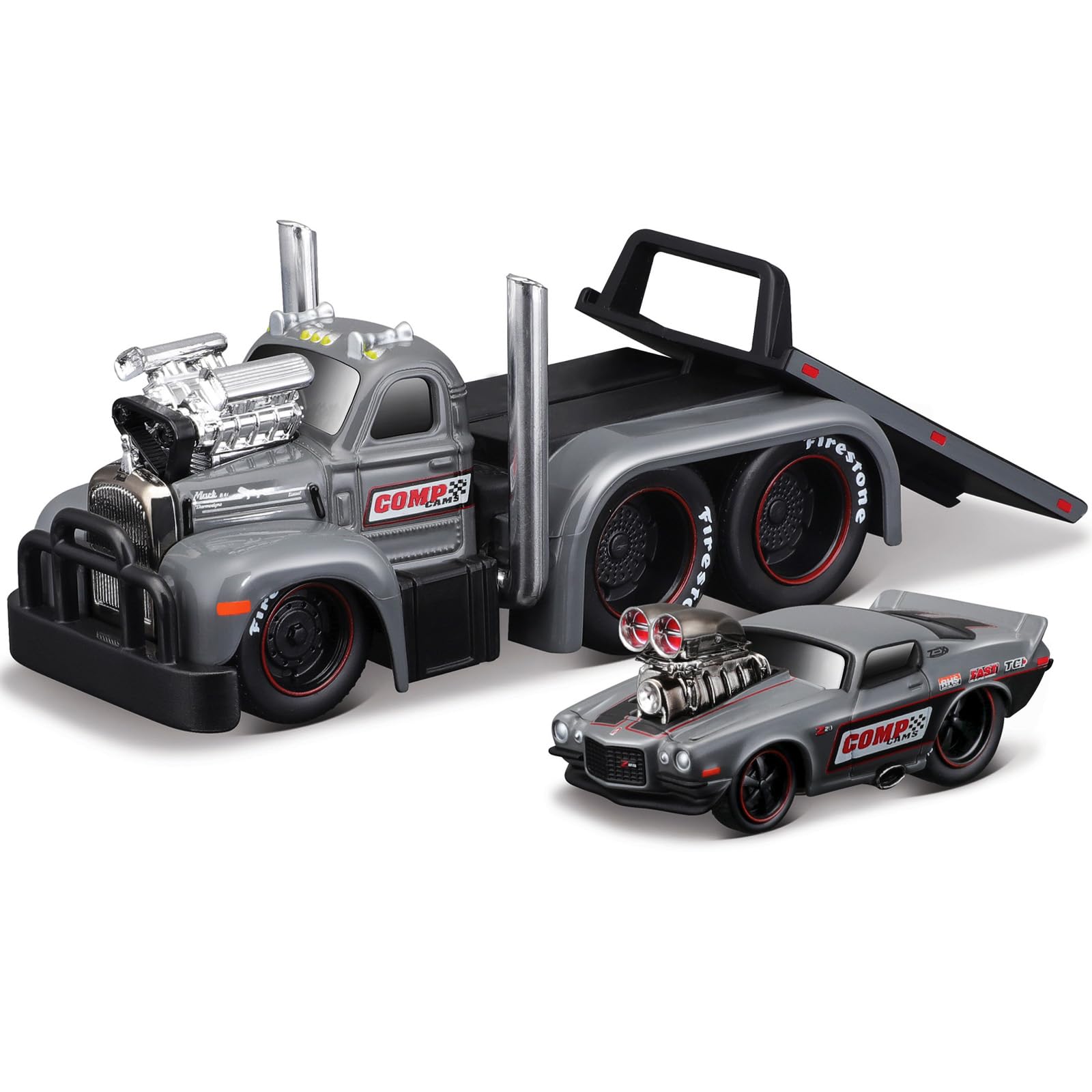 1/64 Scale Top Muscle Transports Series for 1953 Mack B-61 Flatbed Truck and 1971 Chevy Camaro Coupe Diecast Metal Model Car (11537)