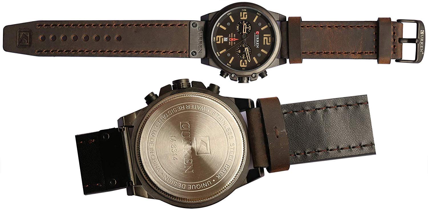 PASOY Dark Brown Chronograph Fashion Trend Multi-Function Waterproof Quartz Watch Leather Strap Military Outdoor Sports Watch