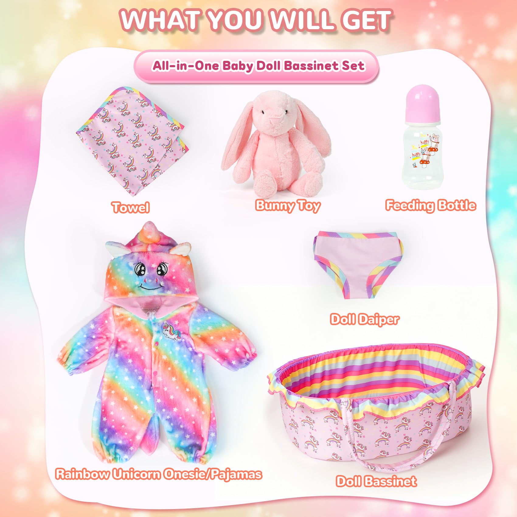 ARTST Reborn-Babypuppen-Kleidung mit Stubenwagen, Regenbogen-Einhorn, Reborn-Babypuppen-Zubehör, Outfit-Set für 43,2–55,9 cm Neugeborene, realistisches Spielzeuggeschenk für Mädchen im Alter von 3–12