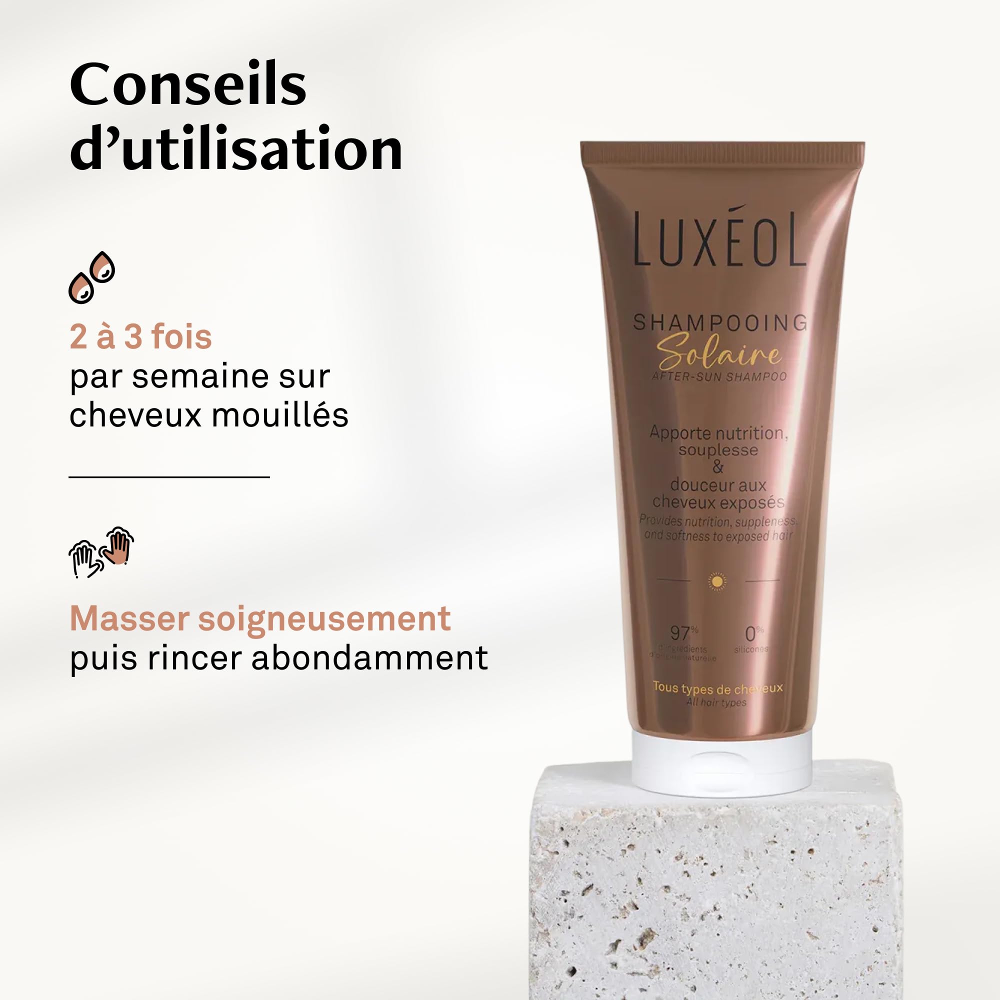 LUXÉOL - Shampooing Solaire - Soin Cheveux Nourrissant Plage, Piscine - Elimine Sel Sable Chlore Produits Solaires - Sans Silicone - 97% D'Ingrédients D'Origine Naturelle - Fabriqué En France - 200ml