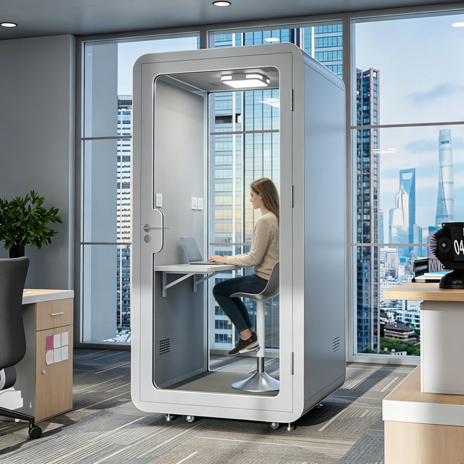 Cabina de grabación de música portátil insonorizada, cápsula vocal acústica con escritorio integrado, cabina de privacidad móvil con luz LED y ventilación para una mejor calidad de audio