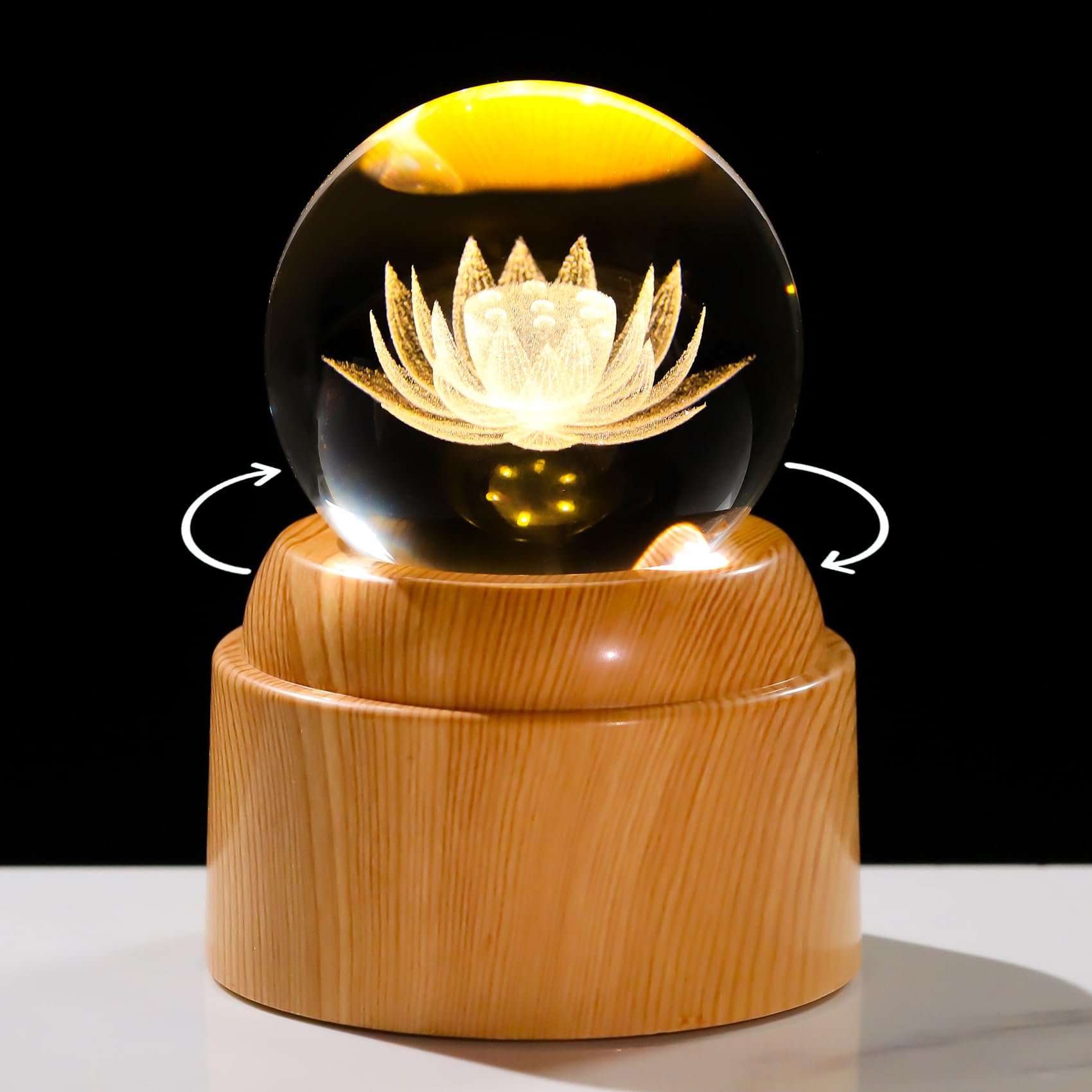 Arikyrist 3D Lotus Flower Crystal Ball 2.36" Gifts for Women with LED Rotatable Base Floral Figurine Lotu FengShui Ornaments Glass Paperweight for Her