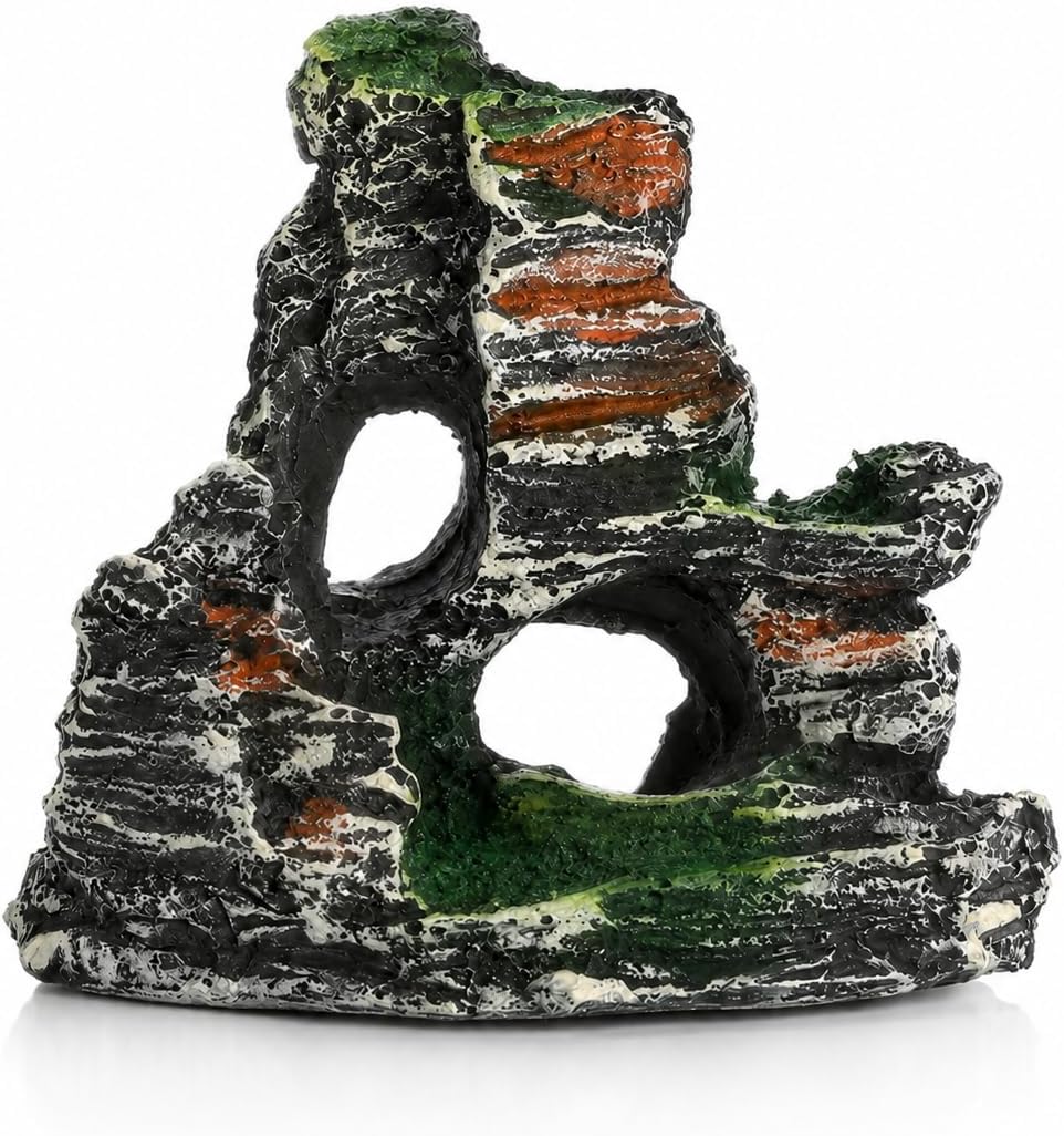 Resin Aquarium Mountain Rock Decor with Moss, Multi-Level Rock Cave Ornament, Natural Stone Landscape Decoration for Fish Tank, Shrimp Hideout, Reptile Habitat and Aquascape Landscaping
