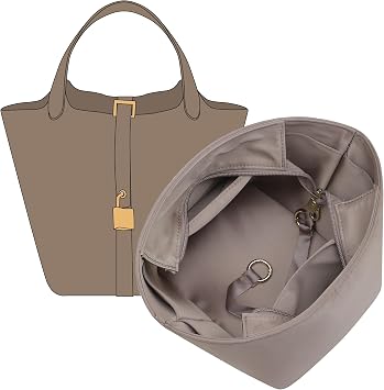Picotin 18 Luxury Satin Purse Organizer Insert, Silky Smooth Picotin 18 Bag Insert with Multiple Pockets, Soft Touch Inner Liner for Womens Handbags, Fits Hermes Style Picotin BagsPC18, Etoupe Grey